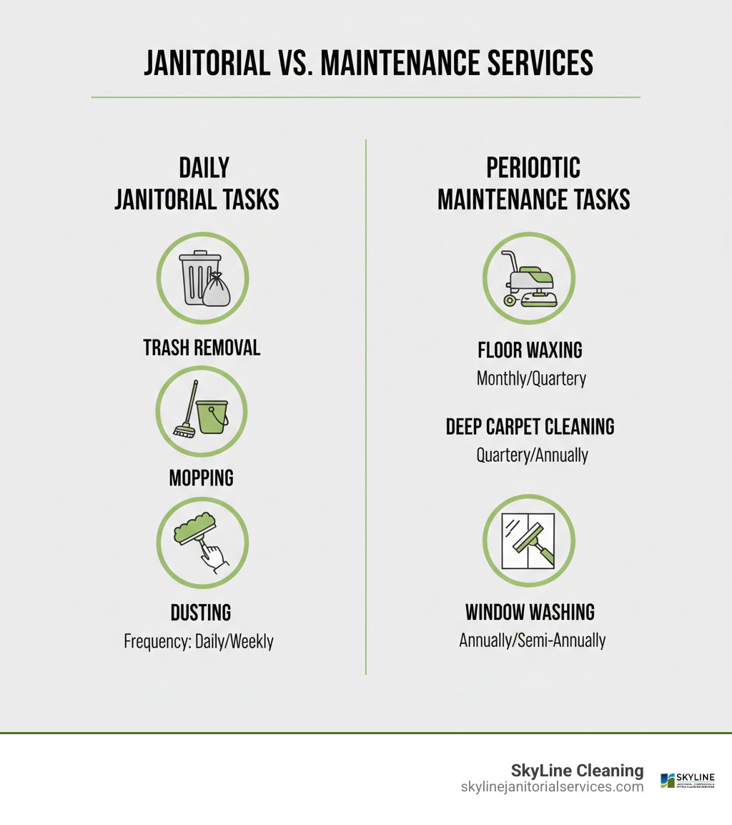 infographic showing two columns: left side depicts daily janitorial tasks with icons for trash removal, mopping, and dusting; right side shows periodic maintenance tasks with icons for floor waxing, deep carpet cleaning, and window washing, with frequency labels - janitorial and maintenance services infographic 