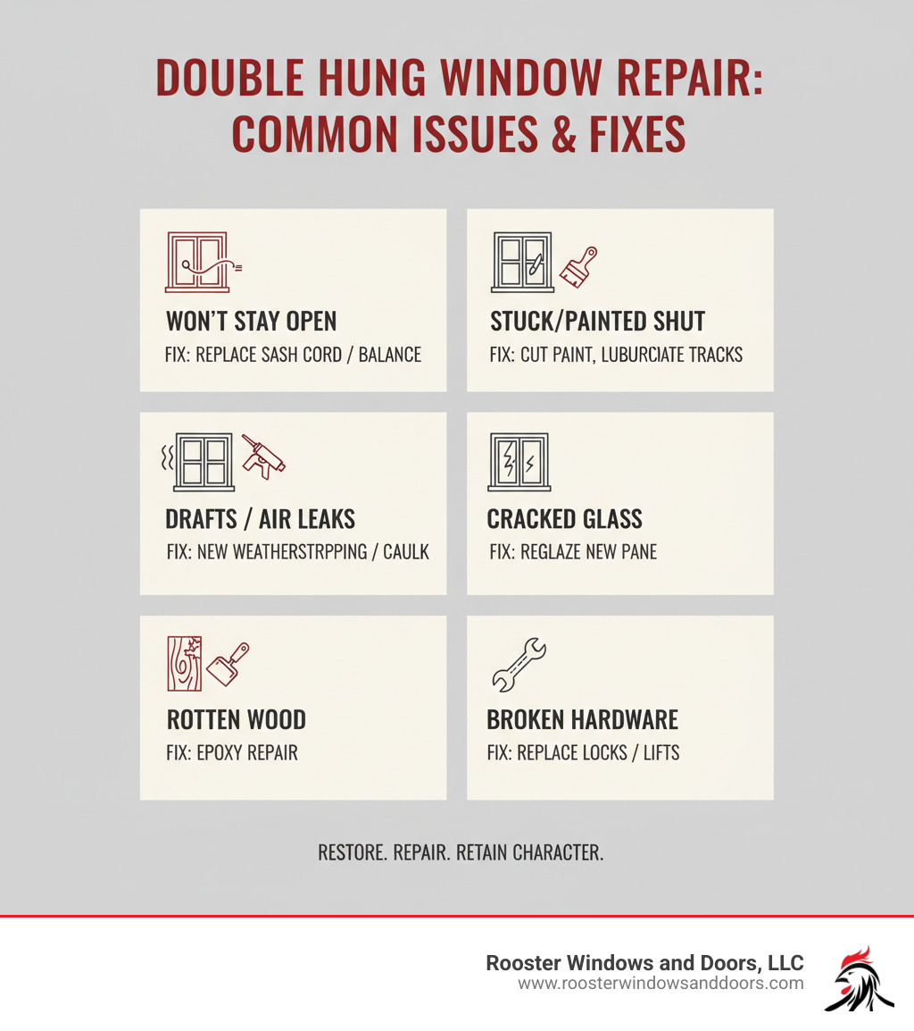 Infographic showing common double hung window repair issues and their solutions - double hung window repair infographic 