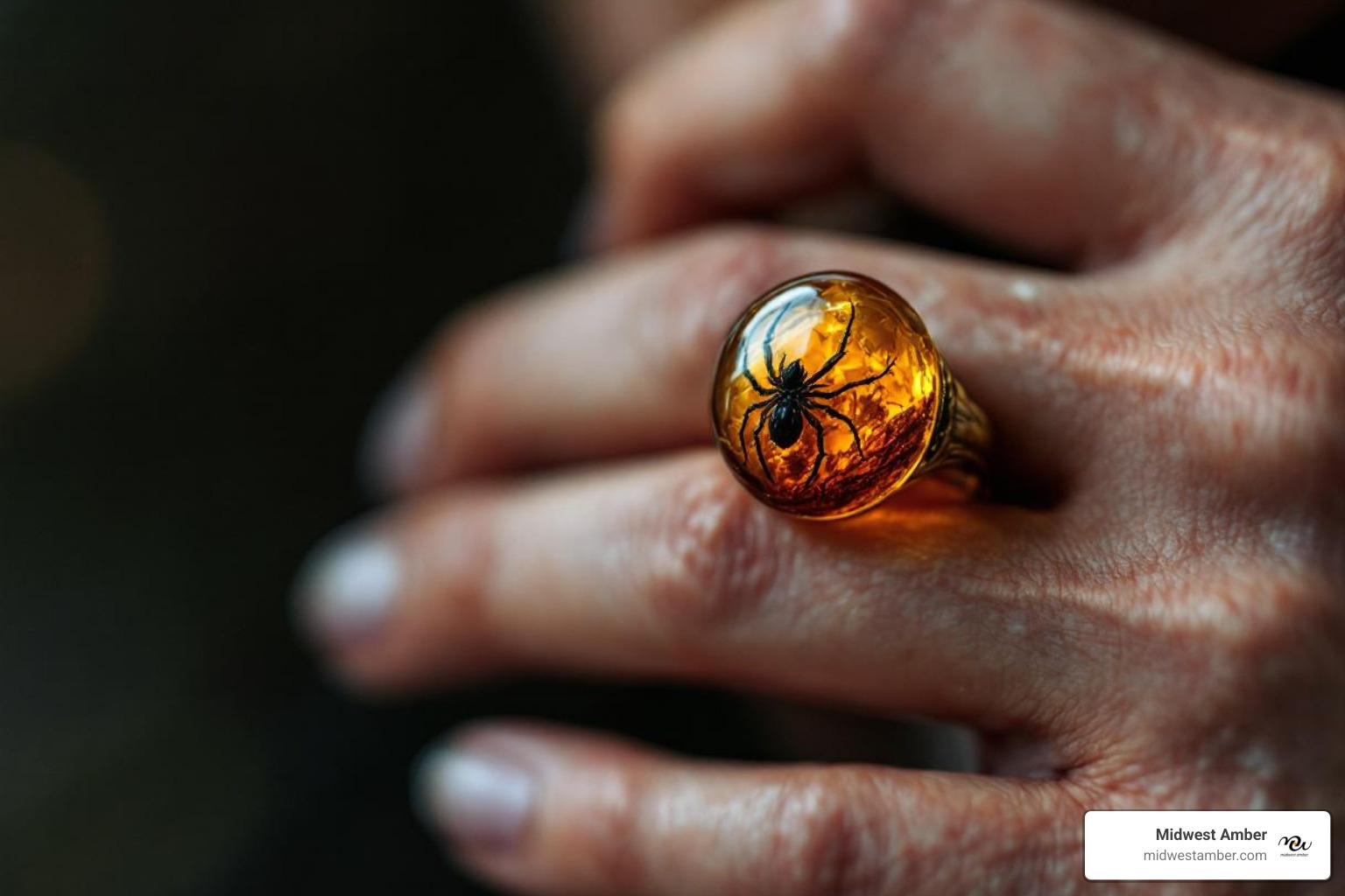 man's hand wearing amber ring with spider inclusion - men amber jewelry with bugs