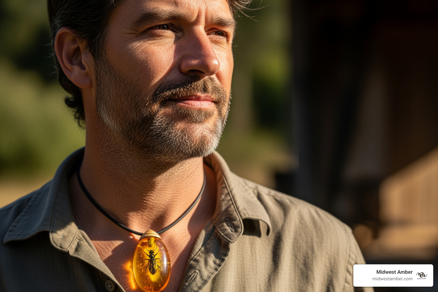 man wearing amber bug necklace - men amber jewelry with bugs