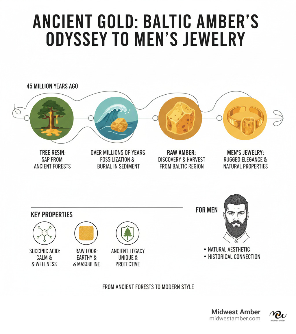 Infographic detailing the 45-million-year journey of Baltic amber from tree resin to gemstone, highlighting key stages and properties relevant to its use in men's jewelry - raw yellow honey baltic amber jewelry for men infographic 