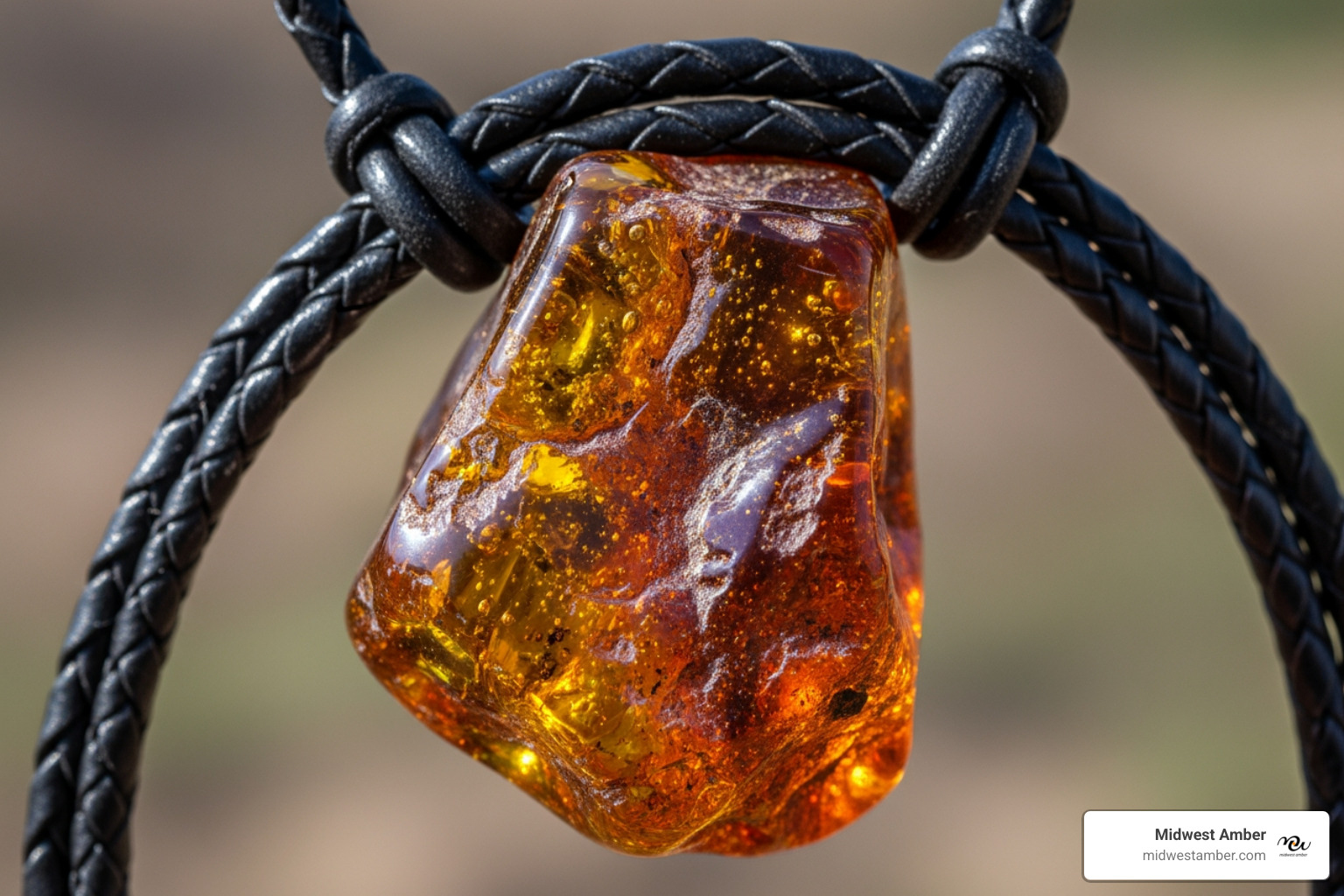 Image of a large, single raw honey amber pendant on a leather cord - raw yellow honey baltic amber jewelry for men