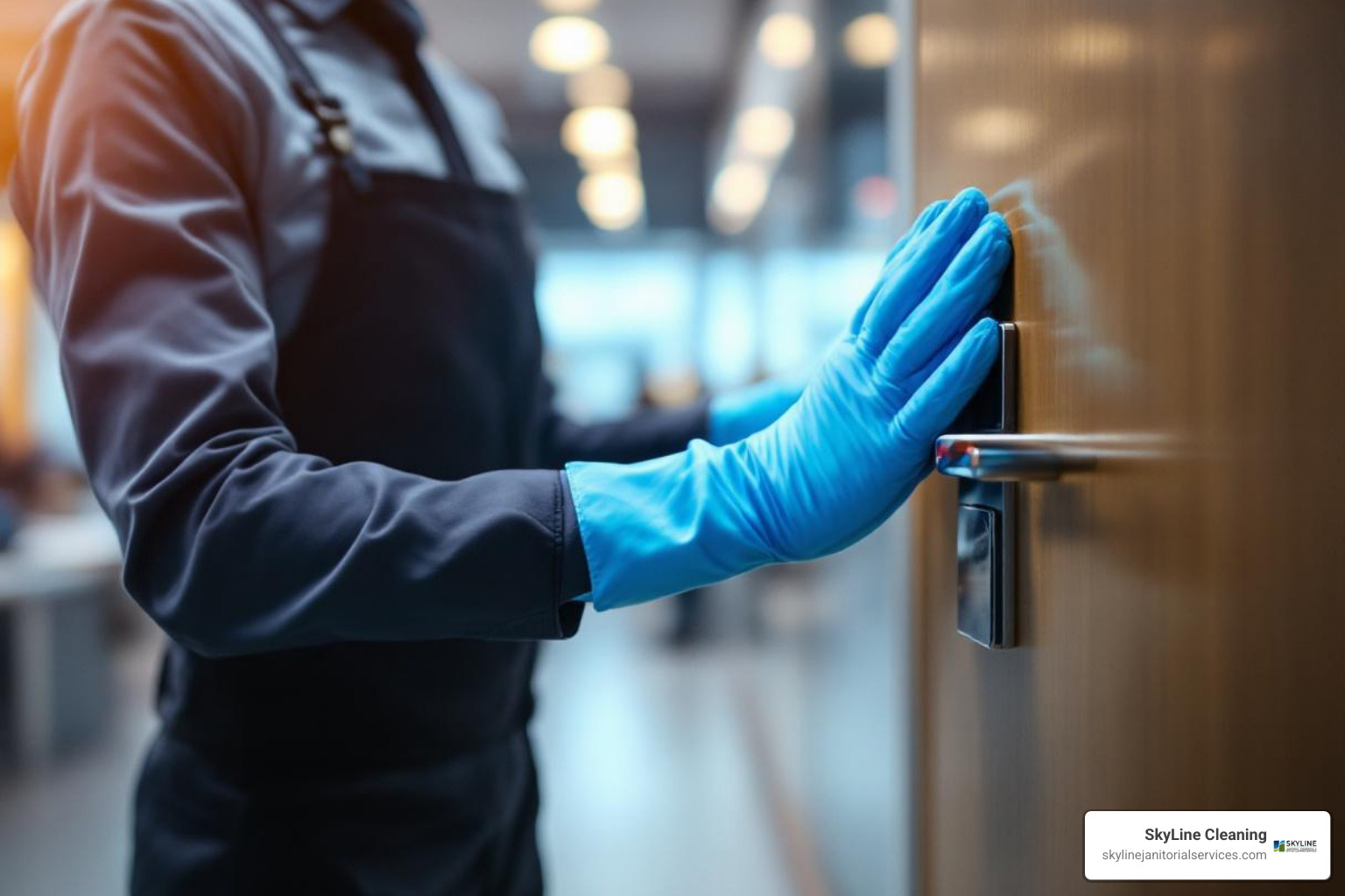 uniformed professional cleaning high-touch surfaces in a busy office setting - janitorial and maintenance services