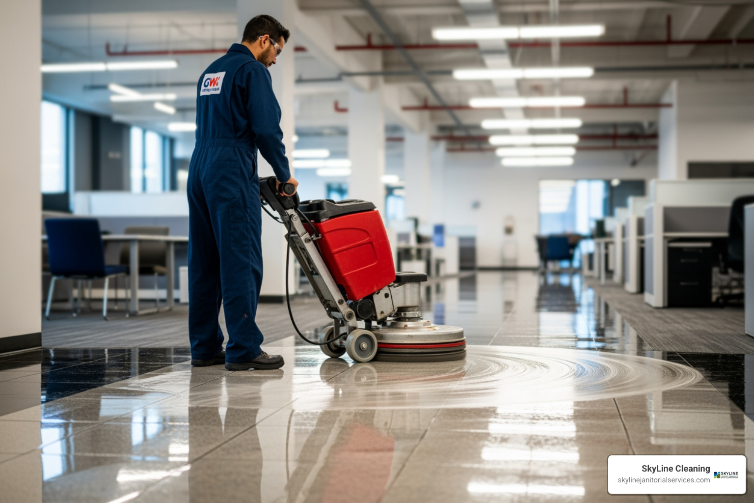 professional using a floor buffer machine on a commercial floor - janitorial and maintenance services