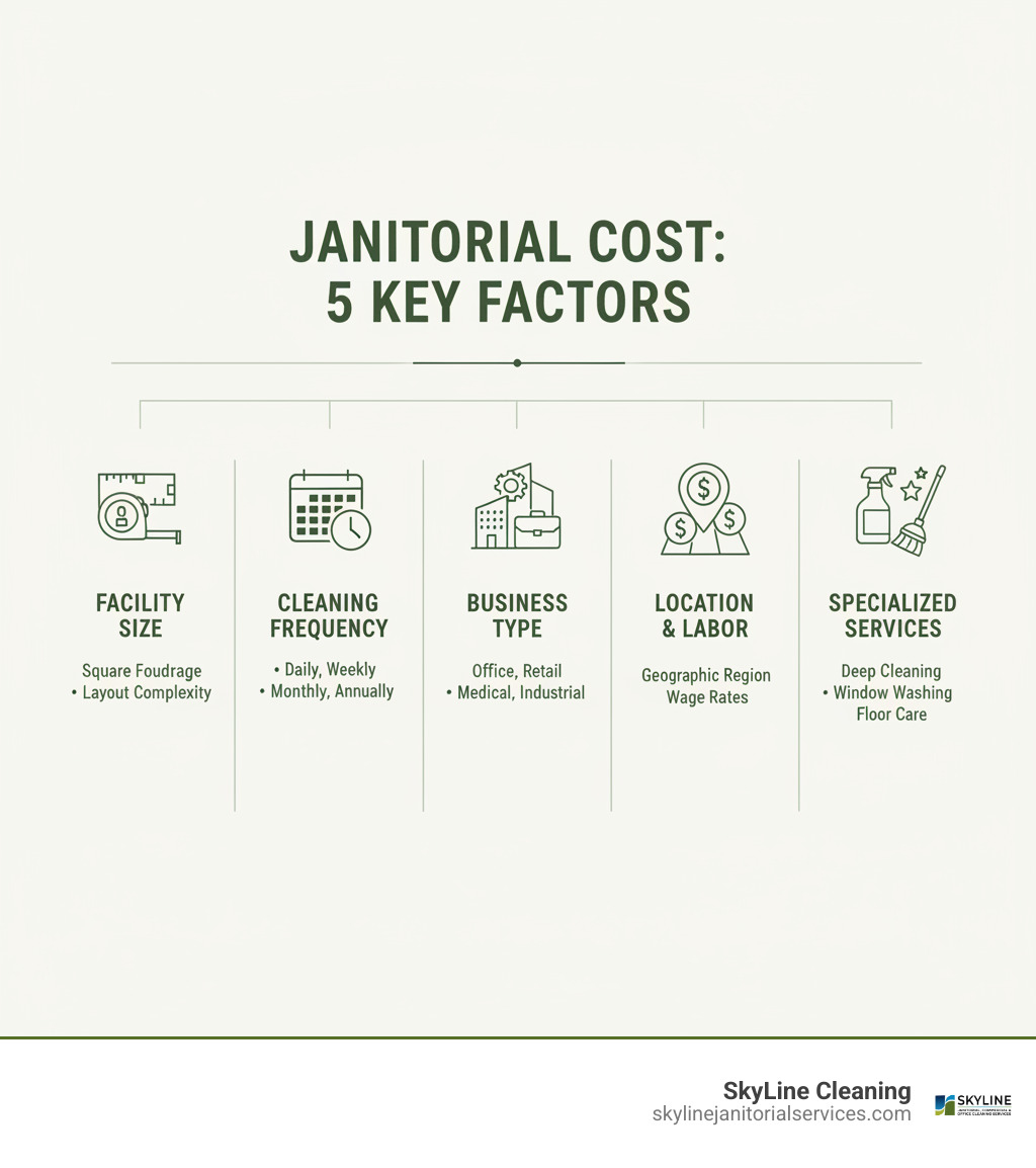 infographic showing 5 key factors affecting janitorial costs: facility size and square footage, cleaning frequency (daily, weekly, monthly), business type and industry requirements, location and labor costs, and specialized services needed - janitorial services cost infographic 