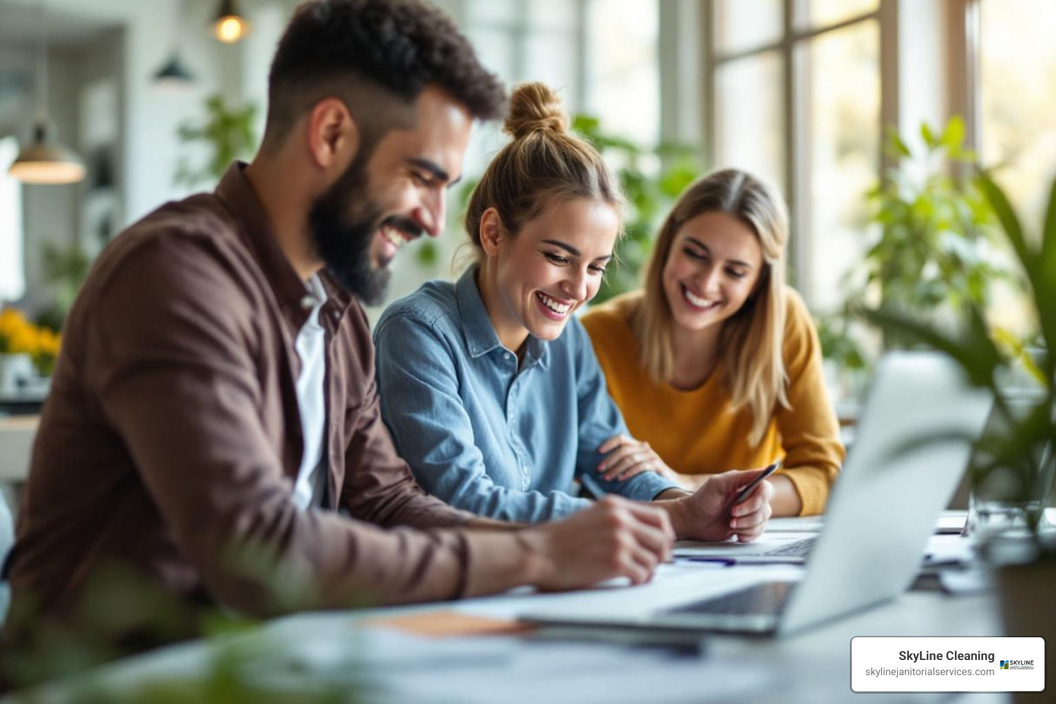 happy employees collaborating in a bright, clean office in Arlington Heights - janitorial and maintenance services