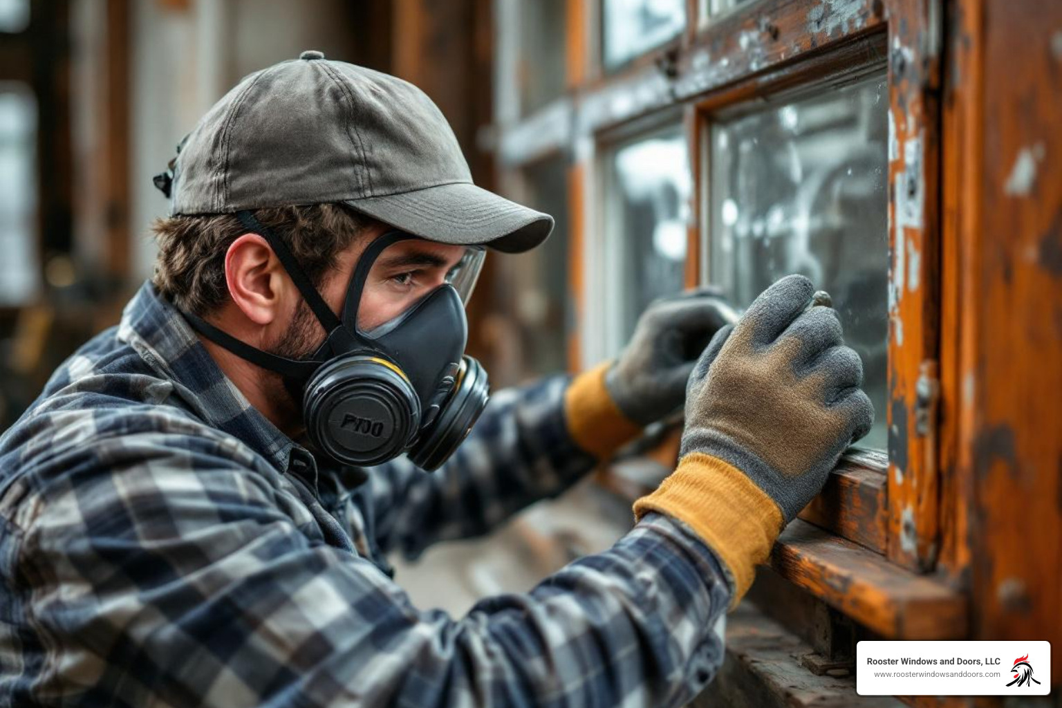 Person wearing a respirator and gloves while working on a window - double hung window repair