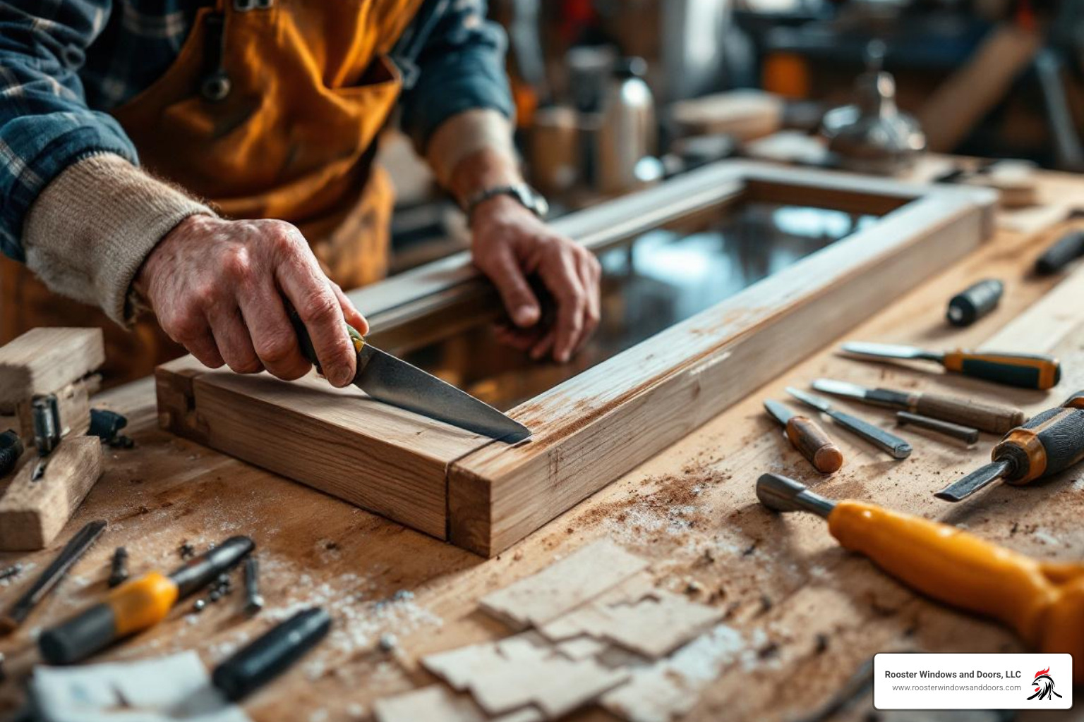 Workbench with a window sash being repaired - double hung window repair
