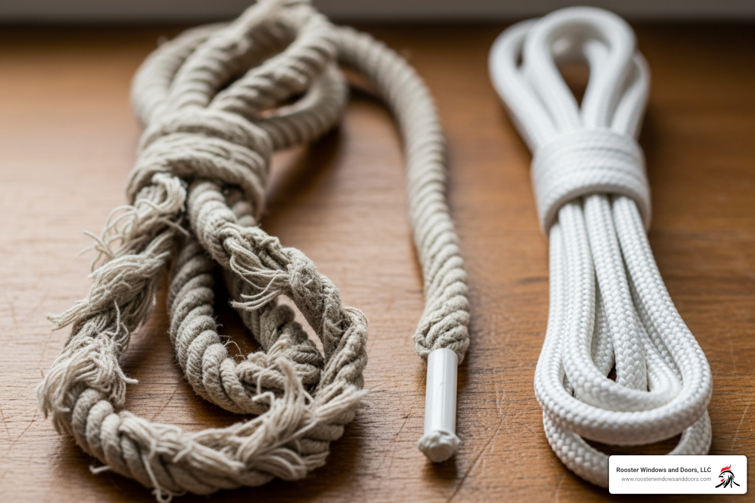 Broken sash cord next to a new one - double hung window repair