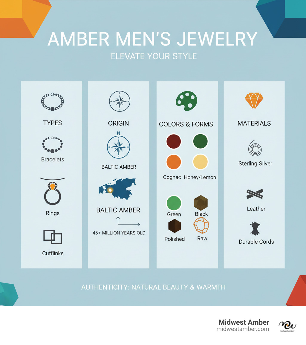 Infographic detailing the types, colors, and forms of amber men's jewelry, including bracelets, necklaces, rings, and cufflinks, highlighting Baltic amber's origin and aesthetic variety. - amber men jewelry infographic 