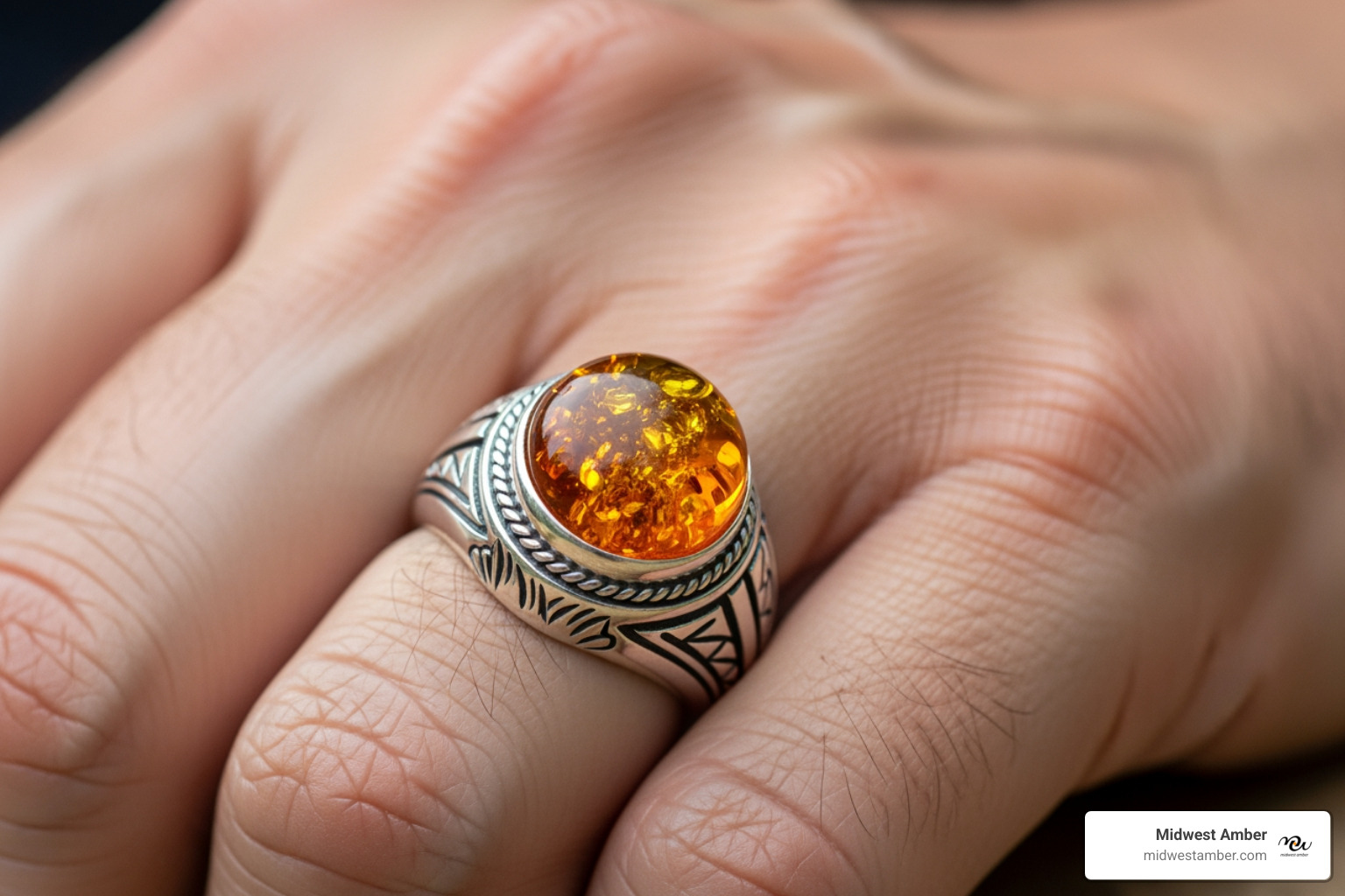 man's hand wearing a sterling silver and amber ring - amber men jewelry