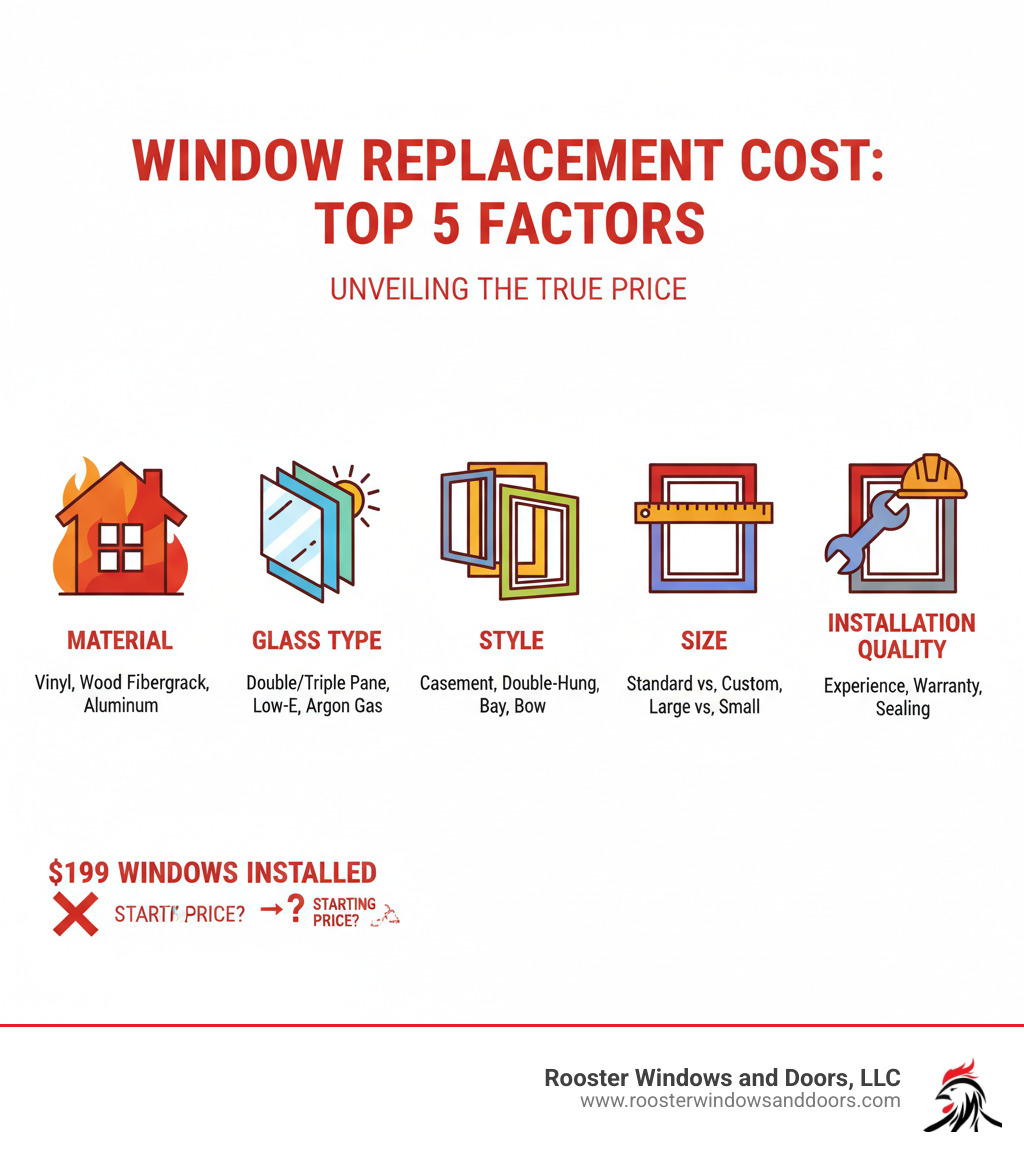 Infographic: Top 5 factors determining window replacement cost - Material, Glass Type, Style, Size, Installation Quality - $199 windows installed infographic 