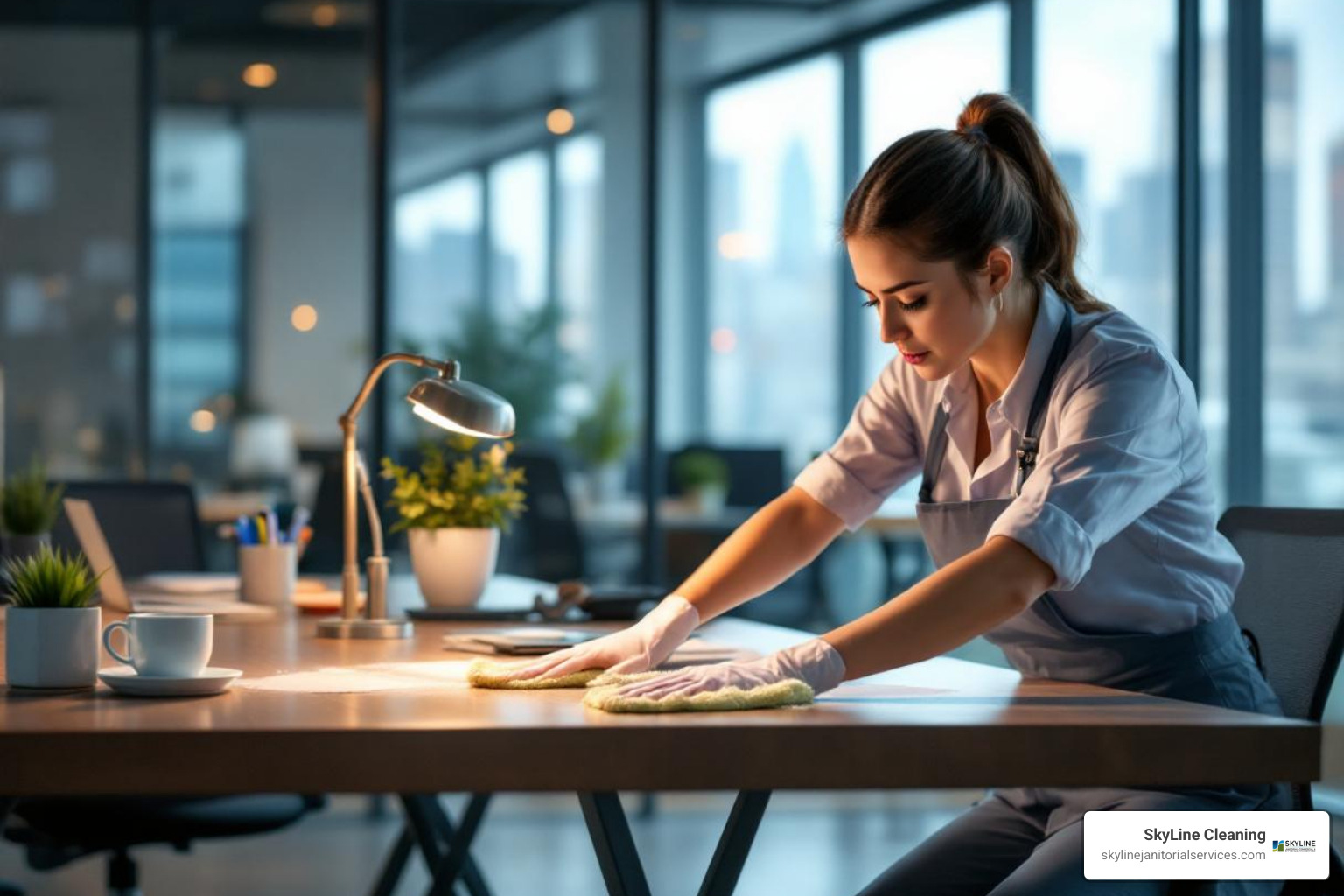 A SkyLine Cleaning professional meticulously cleaning an office desk in a modern Chicago office. - competitive cleaning rates