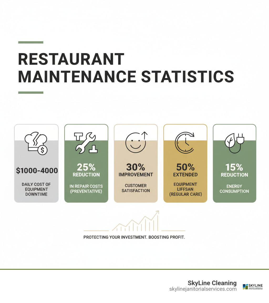 infographic showing restaurant maintenance statistics: $1000-4000 average daily cost of equipment downtime, 25% reduction in repair costs with preventative maintenance, 30% improvement in customer satisfaction with well-maintained facilities, 50% extended equipment lifespan with regular maintenance, 15% reduction in energy consumption with proper upkeep - restaurant maintenance services infographic 