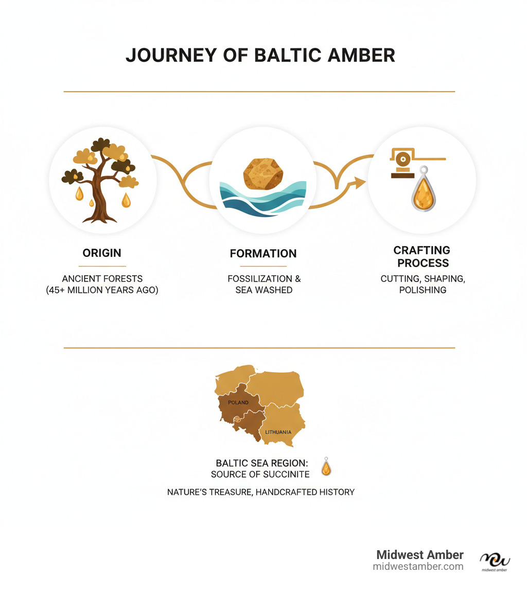Infographic detailing the journey of Baltic amber from ancient tree resin to a finished piece of jewelry, highlighting its origin, formation, and crafting process - genuine Baltic amber necklace infographic 