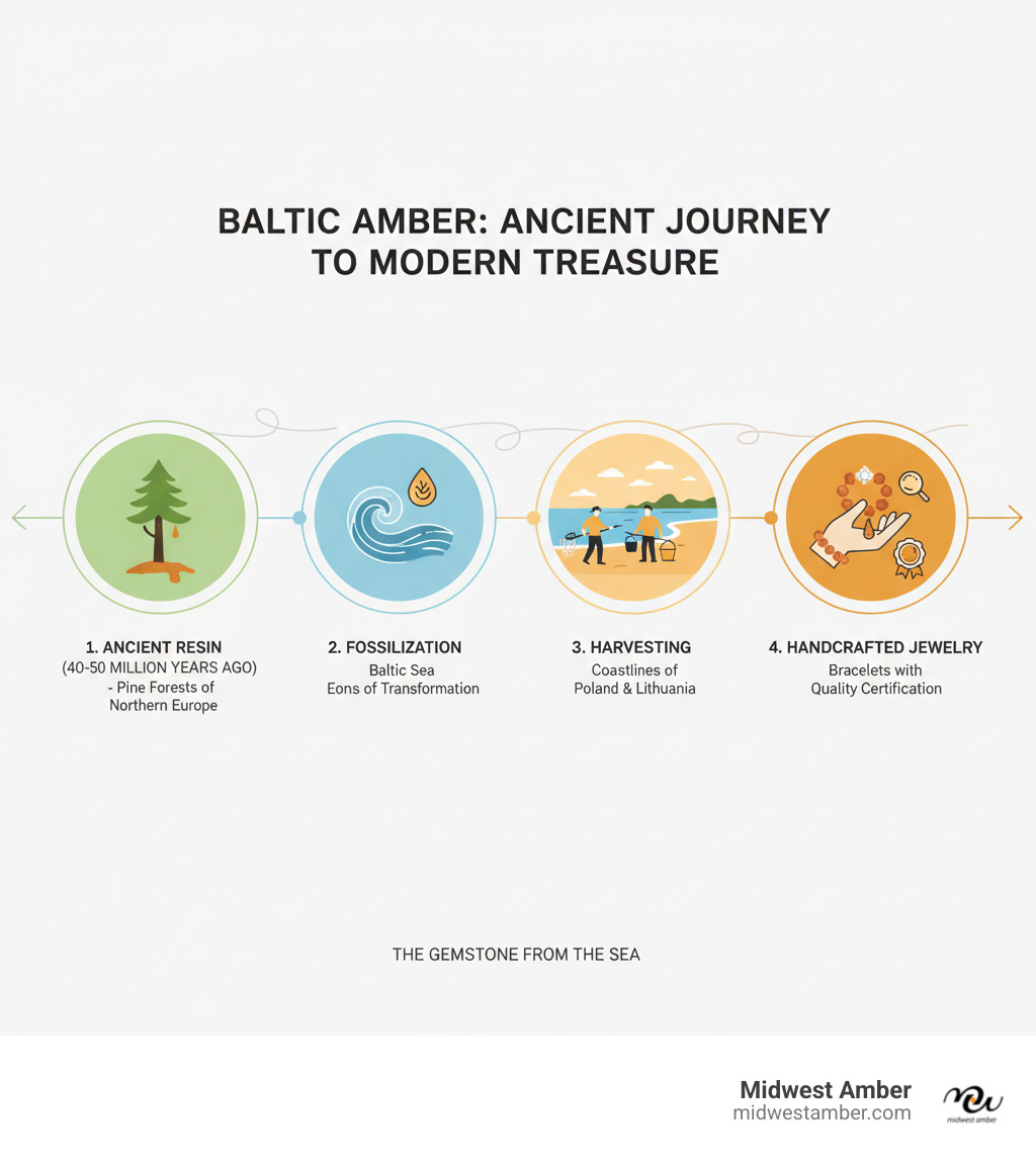 Infographic showing the journey of Baltic amber from ancient tree resin 40-50 million years ago, through fossilization in the Baltic Sea, to harvesting along coastlines in Poland and Lithuania, and finally being handcrafted into finished bracelets with quality certification - baltic amber bracelets for sale infographic 