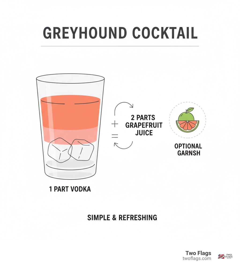 Infographic showing 2 parts grapefruit juice to 1 part vodka for a Greyhound cocktail, with optional garnish. - greyhound drink vodka infographic 