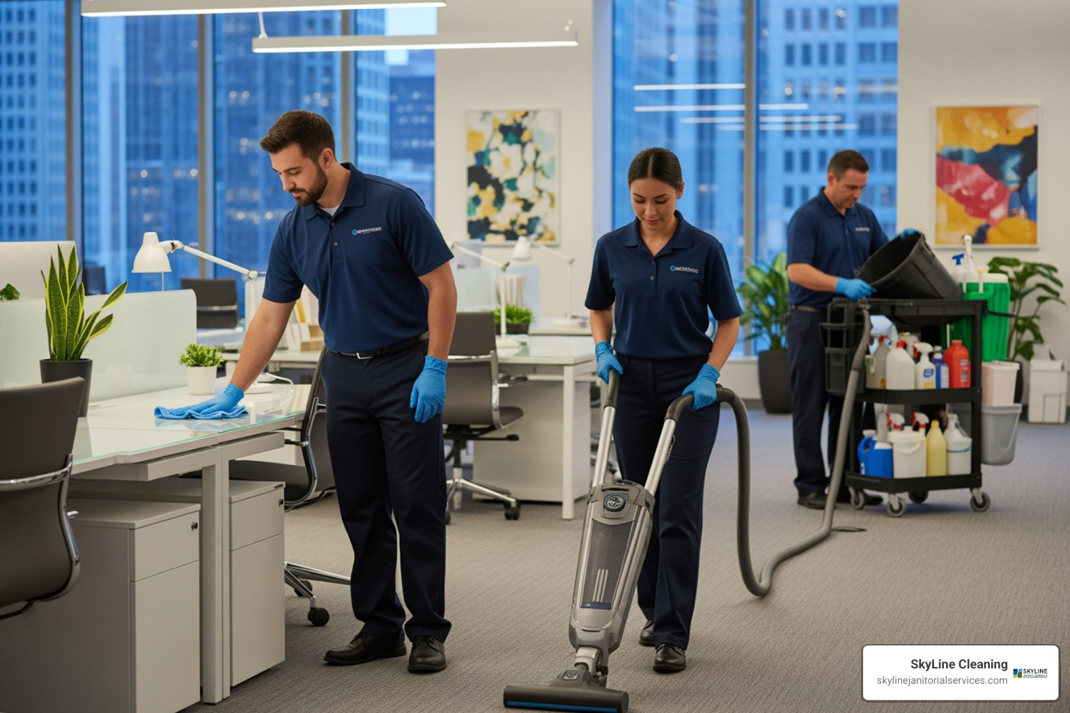 SkyLine Cleaning crew diligently working in a modern, clean office building in downtown Chicago, illustrating professionalism and efficiency. - competitive cleaning rates