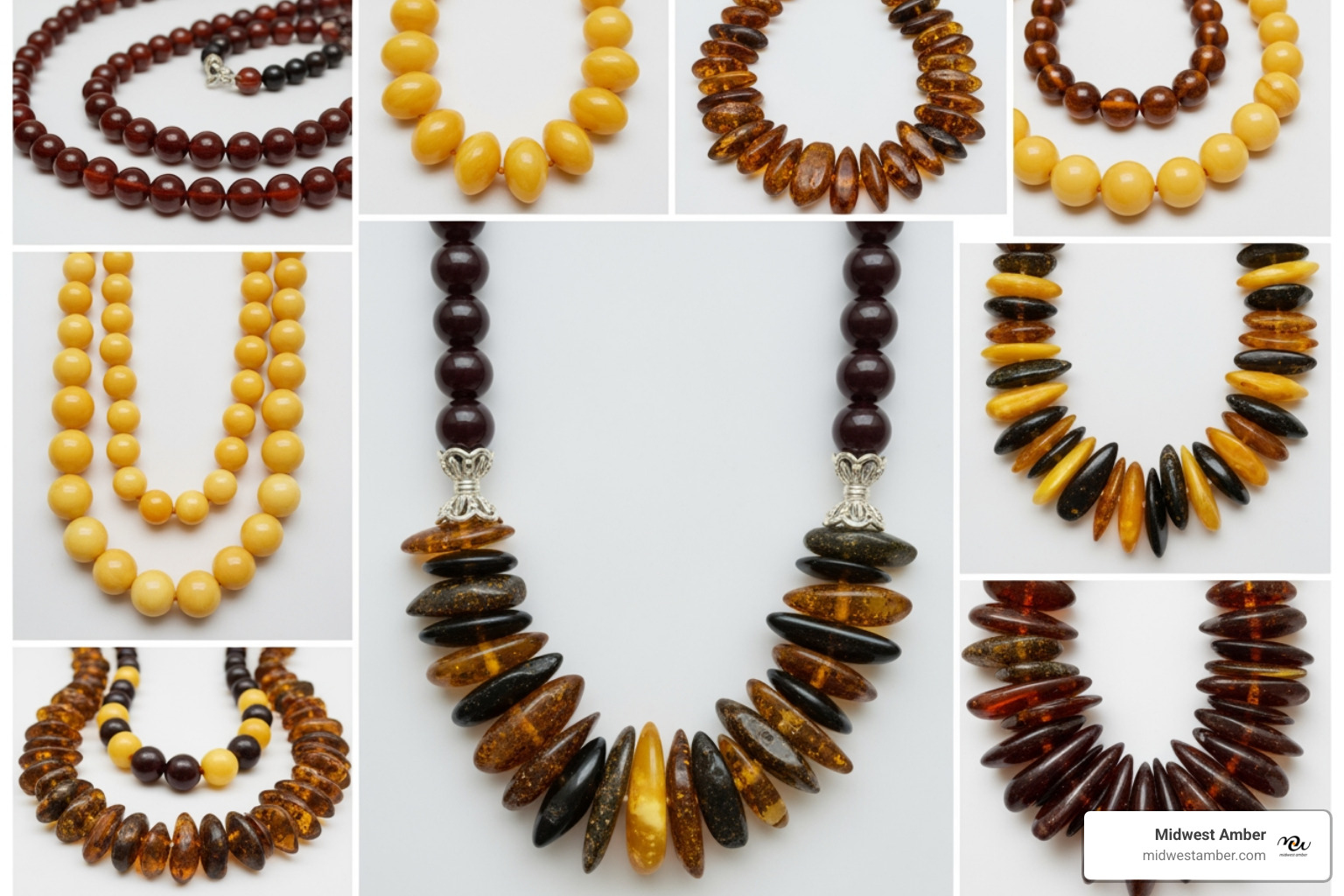Collage of various amber colors and necklace styles - genuine Baltic amber necklace