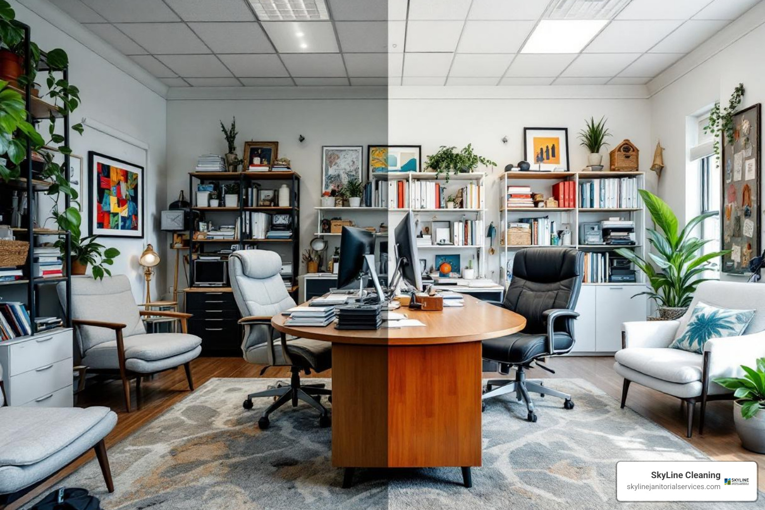 Before and after shots of a cluttered office space in Chicago, showing a dramatic transformation after professional cleaning. - competitive cleaning rates