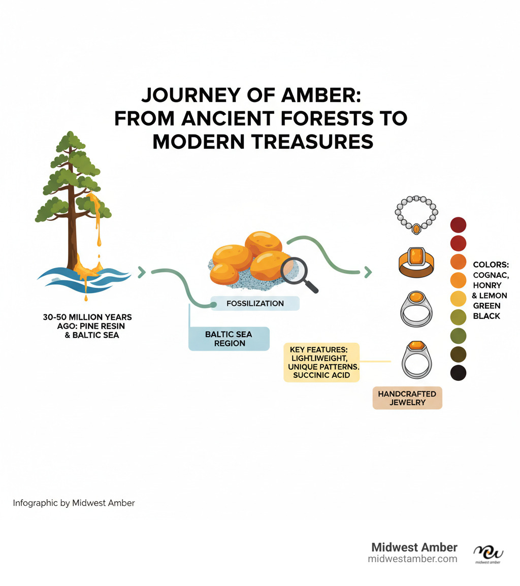 Infographic showing the journey of amber from ancient pine tree resin 30-50 million years ago through fossilization in the Baltic Sea region to modern handcrafted jewelry pieces including necklaces, bracelets, rings, and cufflinks, with callouts for popular colors (cognac, cherry, honey, green, black) and key features (lightweight, unique patterns, succinic acid content) - men amber jewelry set infographic Infographic showing the journey of amber from ancient pine tree resin 30-50 million years ago through fossilization in the Baltic Sea region to modern handcrafted jewelry pieces including necklaces, bracelets, rings, and cufflinks, with callouts for popular colors (cognac, cherry, honey, green, black) and key features (lightweight, unique patterns, succinic acid content) - men amber jewelry set infographic