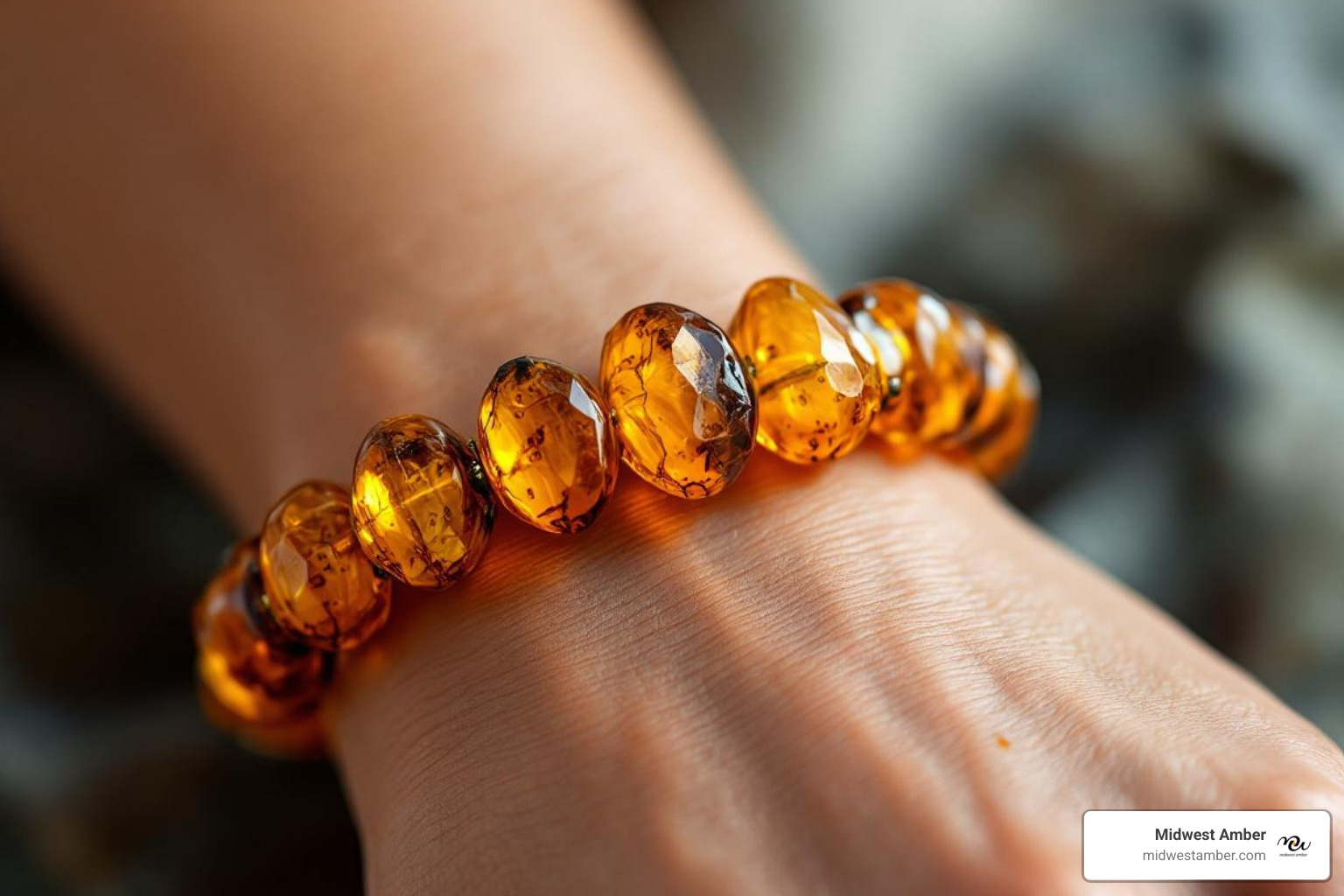 raw amber bracelet on a wrist - baltic amber bracelets for sale