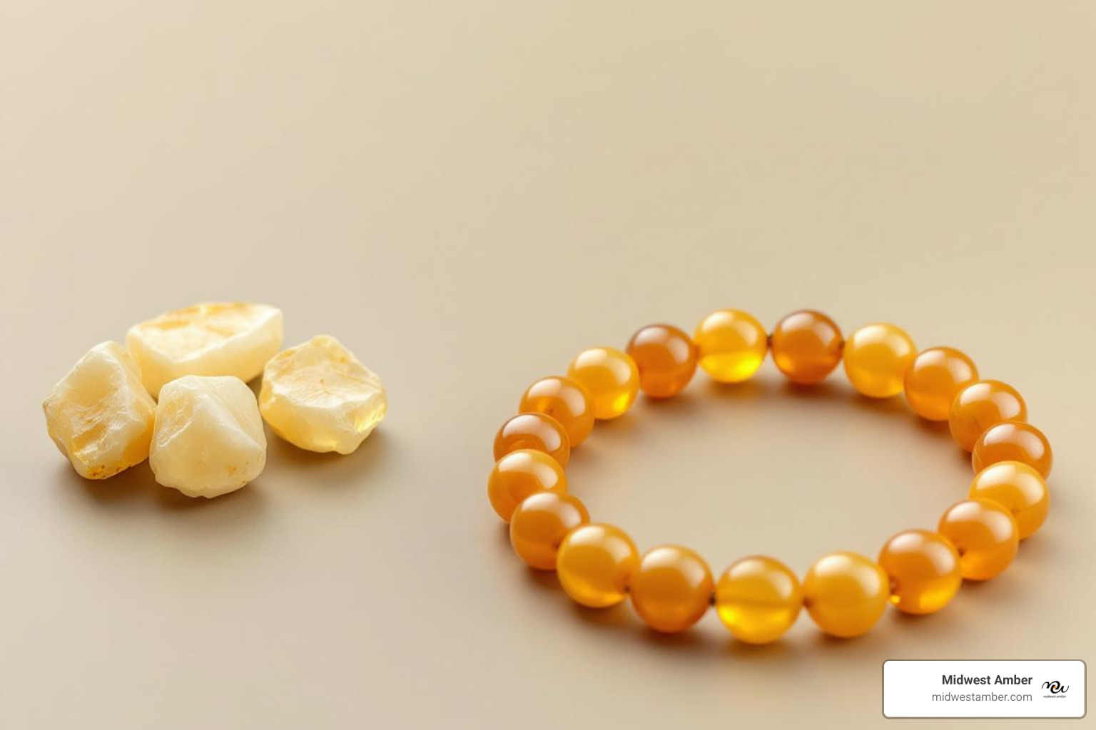 raw Baltic amber pieces next to a polished bracelet - baltic amber bracelets for sale