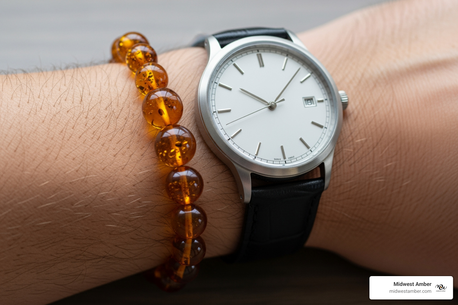 Man's wrist wearing an amber bracelet next to a watch - men amber jewelry set Man's wrist wearing an amber bracelet next to a watch - men amber jewelry set