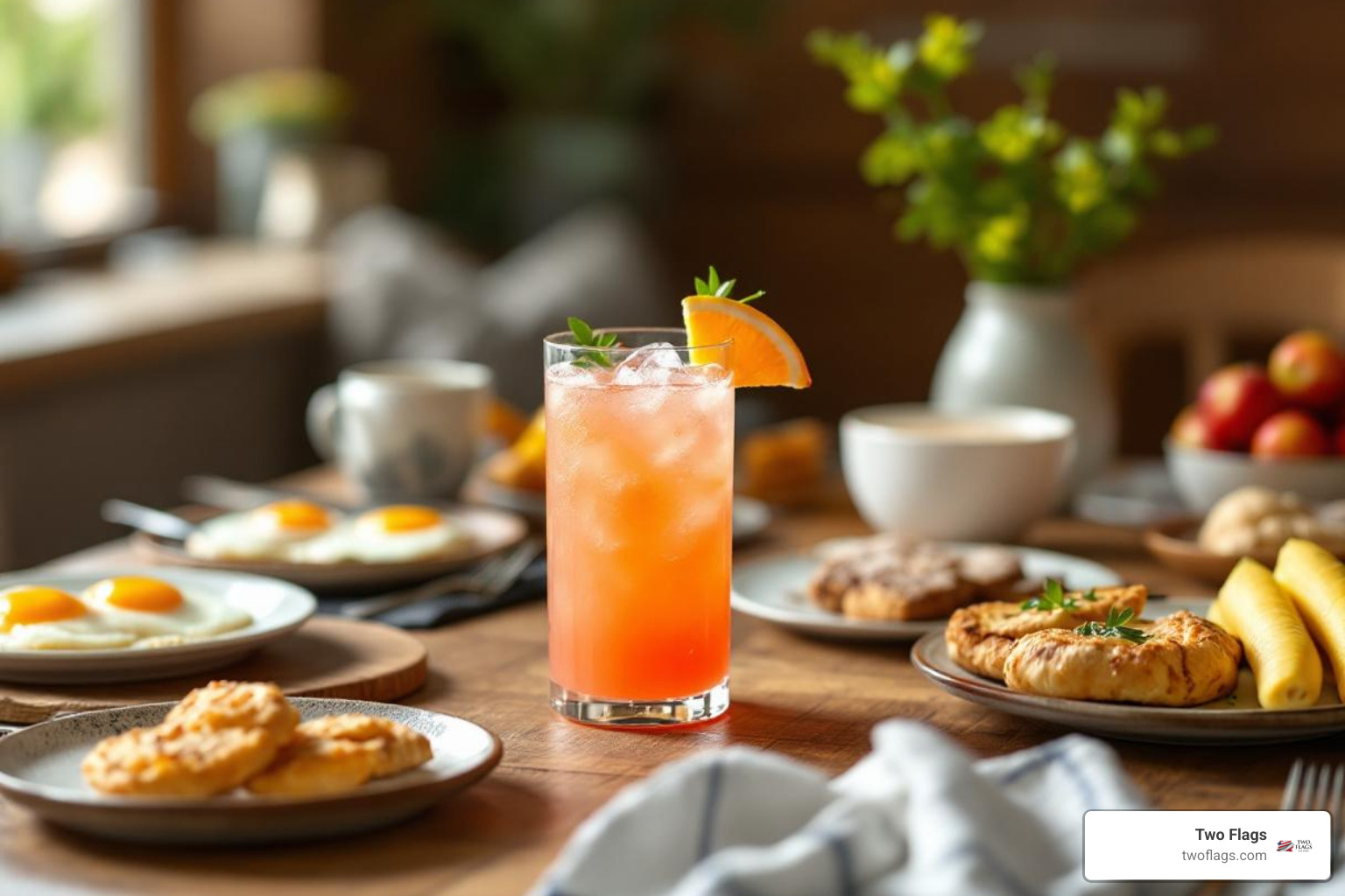 pitcher of Greyhound cocktails on a table with brunch foods - greyhound drink vodka