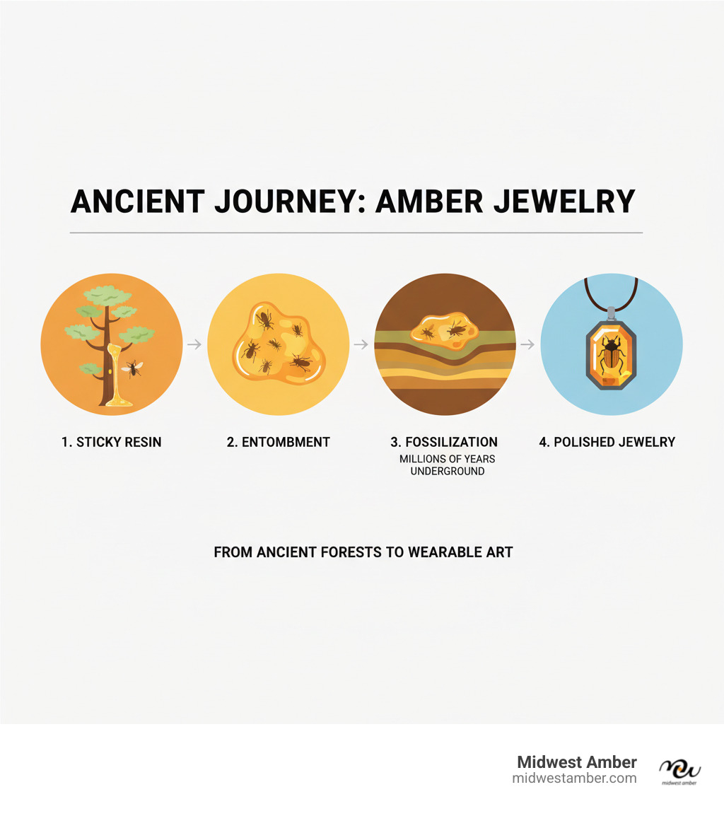 Infographic detailing the formation of amber with insect inclusions, from sticky tree resin to hardened fossil, and its journey into polished jewelry - men amber jewelry with bugs infographic 
