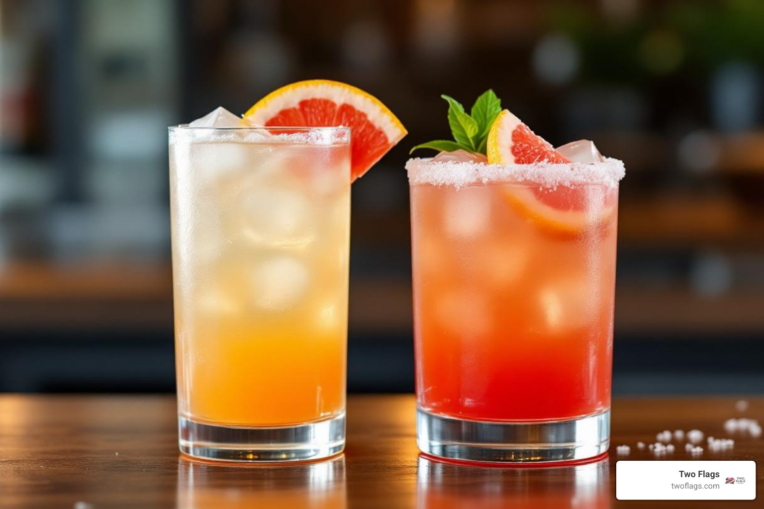 Salty Dog cocktail next to a classic Greyhound, showing the salted rim difference - greyhound drink vodka