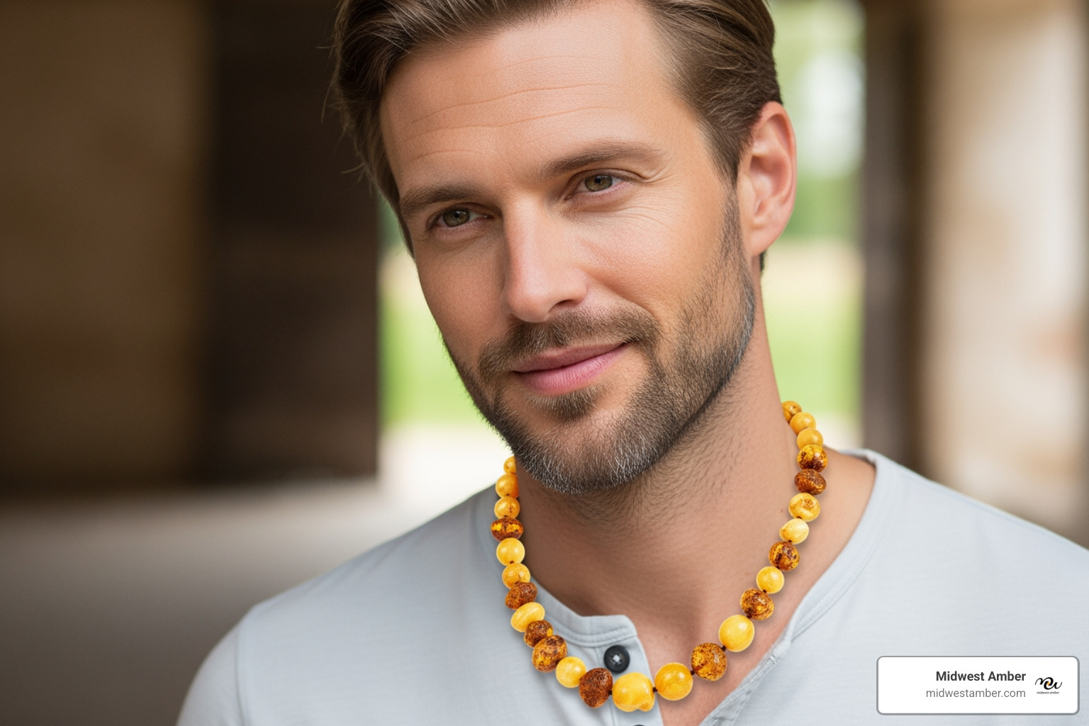 Image of a man wearing a beaded raw amber necklace with a casual outfit - raw yellow honey baltic amber jewelry for men