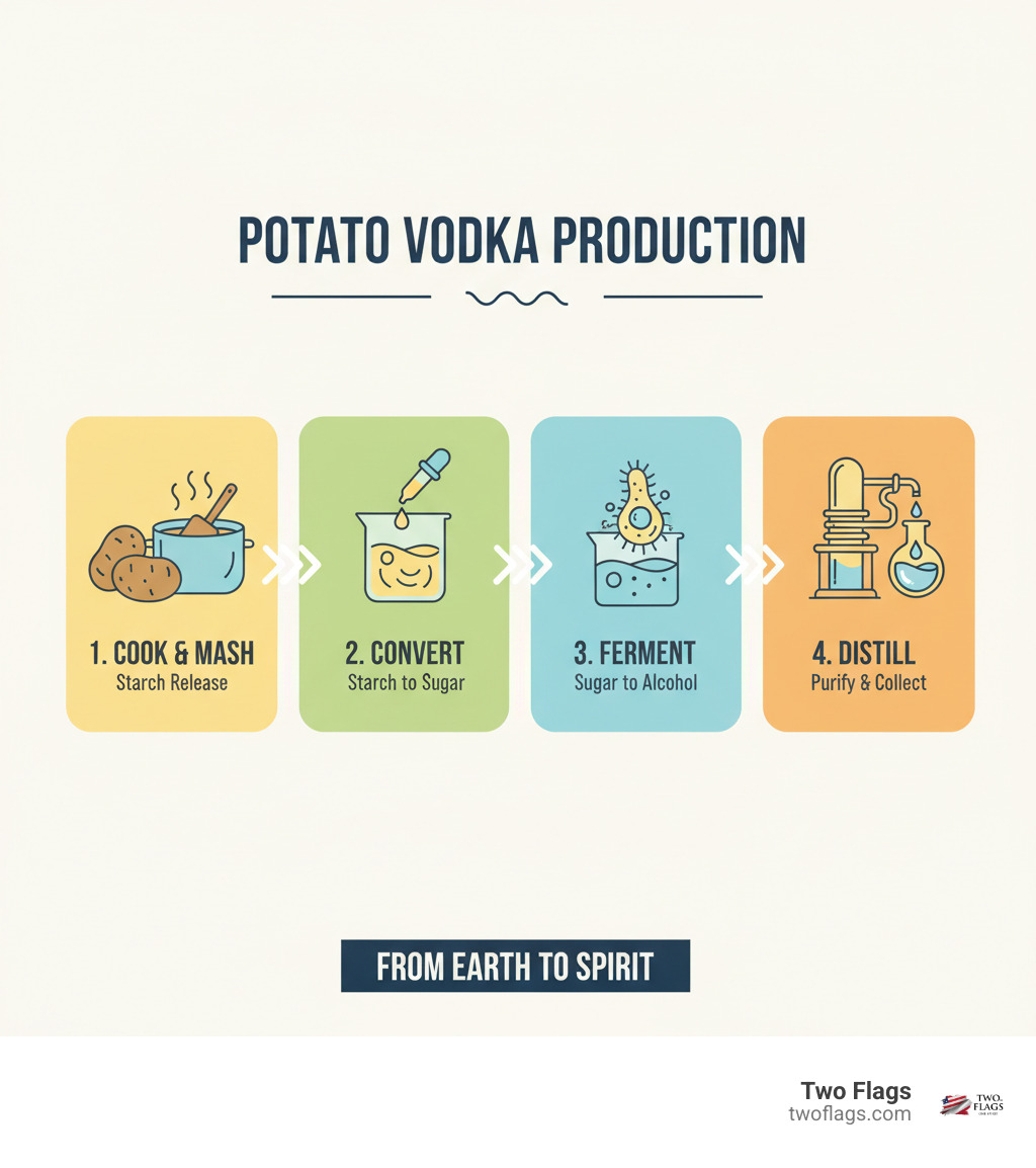 High-level overview of potato vodka production: Potatoes are cooked and mashed, starch is converted to sugar, yeast ferments sugar into alcohol, and then the liquid is distilled to create vodka. - making vodka out of potatoes infographic