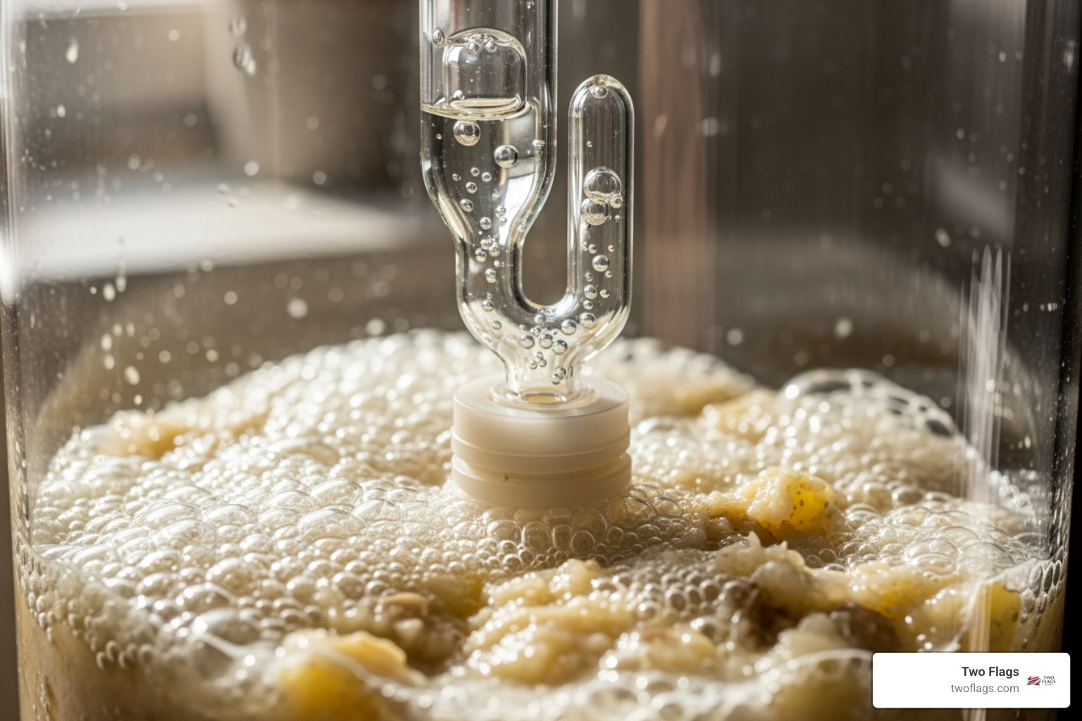 bubbling potato mash in a glass fermenter with an airlock - making vodka out of potatoes