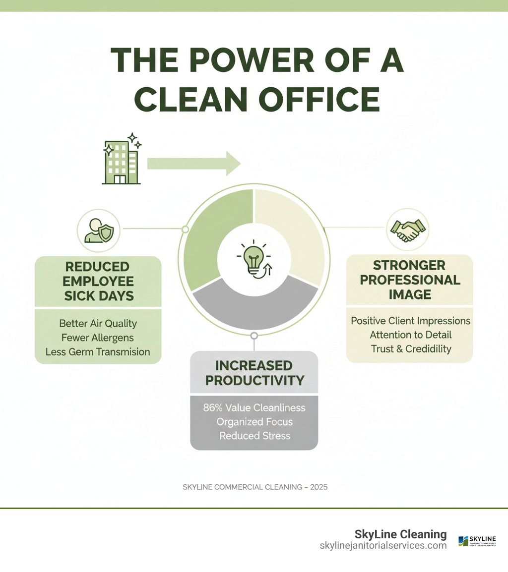 Infographic showing the connection between office cleanliness and business success: Clean Office Environment leads to three outcomes - 1) Reduced Employee Sick Days (better air quality, fewer allergens, less germ transmission), 2) Increased Productivity (86% of employees value cleanliness, organized spaces improve focus, reduced stress), and 3) Stronger Professional Image (positive client impressions, demonstrates attention to detail, builds trust and credibility) - clean office infographic Infographic showing the connection between office cleanliness and business success: Clean Office Environment leads to three outcomes - 1) Reduced Employee Sick Days (better air quality, fewer allergens, less germ transmission), 2) Increased Productivity (86% of employees value cleanliness, organized spaces improve focus, reduced stress), and 3) Stronger Professional Image (positive client impressions, demonstrates attention to detail, builds trust and credibility) - clean office infographic