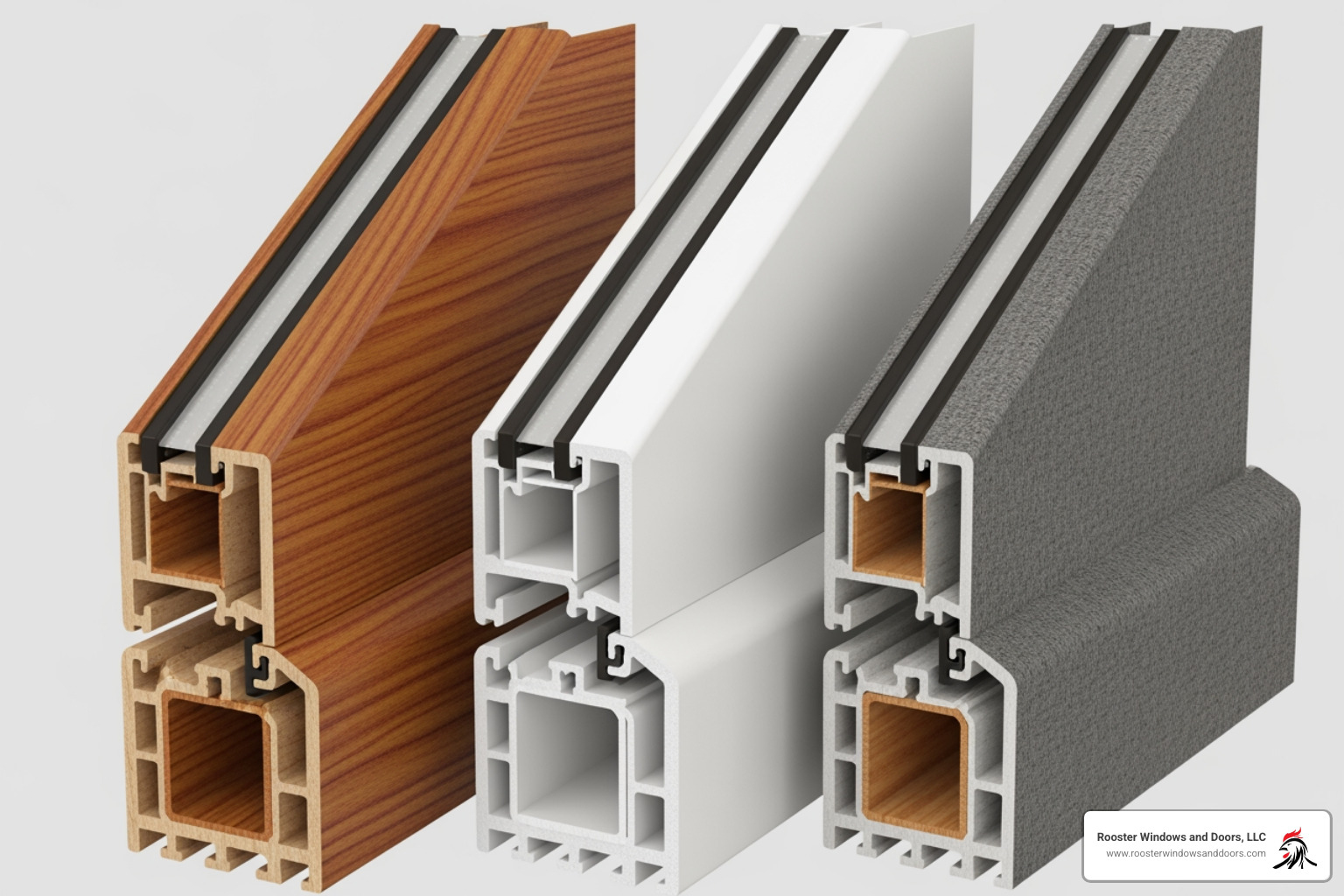 Wood, vinyl, and fiberglass mullion profiles side-by-side, showcasing different material textures and finishes. - replacement mullions for windows
