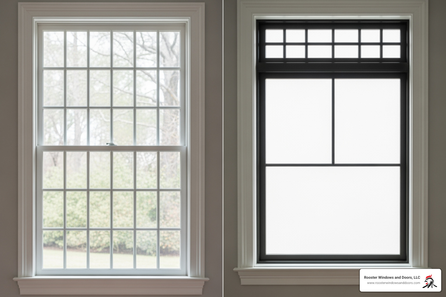 A classic colonial window grid next to a modern prairie style grid, illustrating different decorative patterns. - replacement mullions for windows