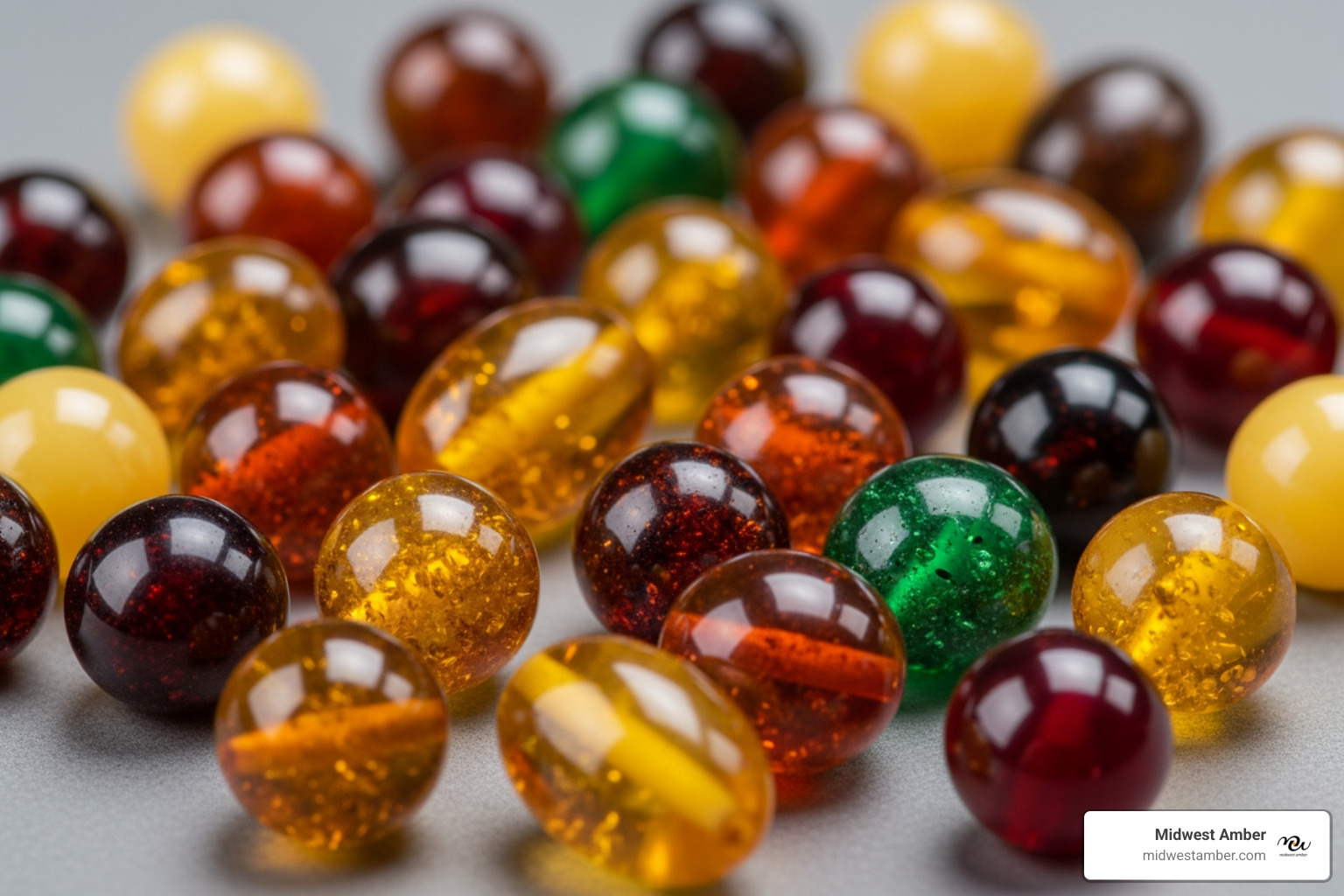 various amber beads showing different colors like honey, cherry, and green - amber bracelet sterling silver