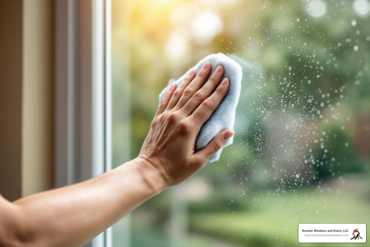 A person easily cleaning a window with grilles-between-the-glass, highlighting the ease of maintenance. - replacement mullions for windows