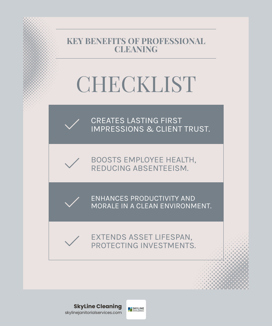 infographic showing the business benefits of professional cleaning: improved first impressions leading to increased client trust, reduced employee sick days through better sanitation, higher productivity from organized clean workspaces, extended asset life from preventative maintenance, and enhanced brand reputation from attention to detail - professional cleaning and maintenance services infographic checklist-light-blue-grey