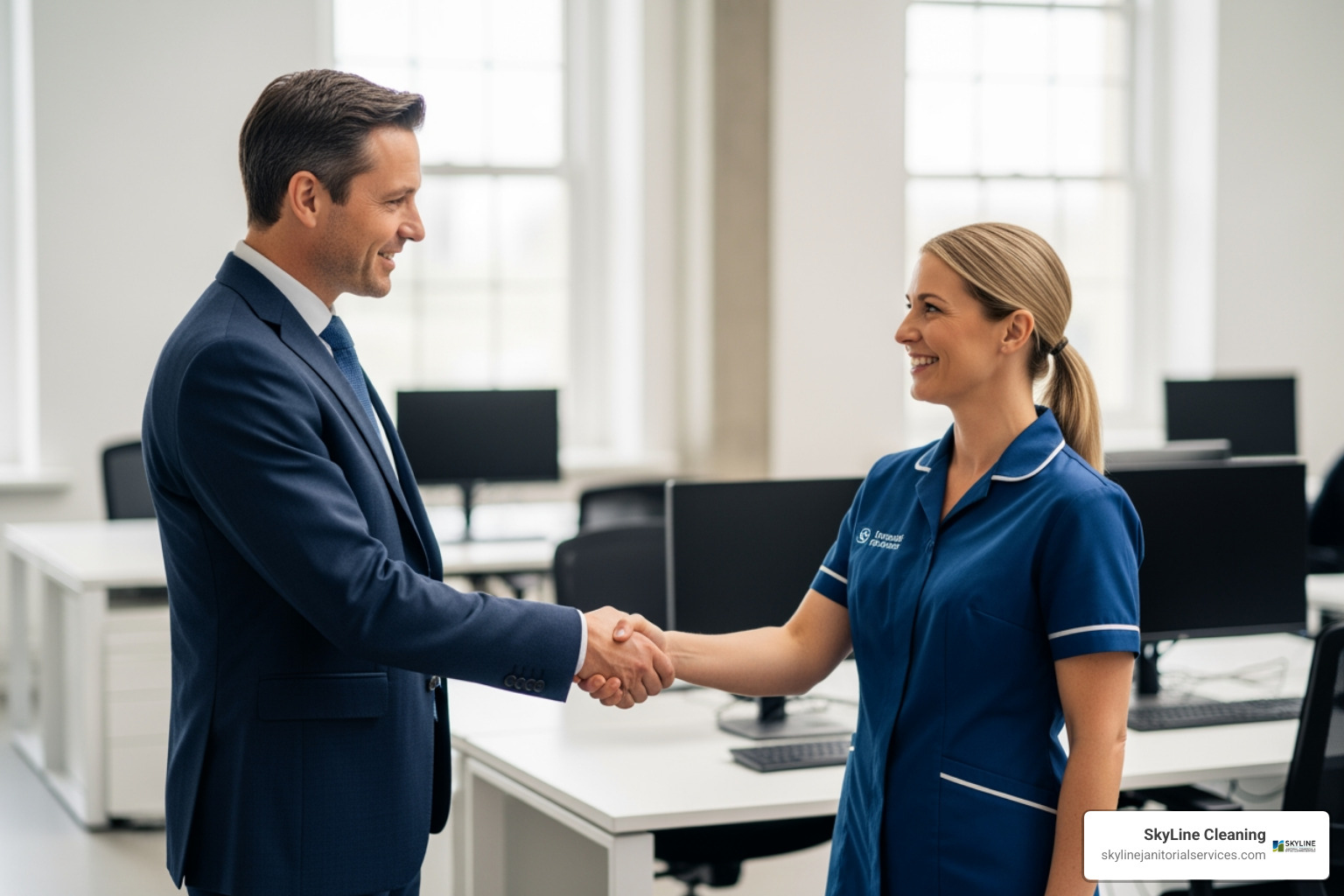 facility manager shaking hands with a uniformed cleaning supervisor - professional cleaning and maintenance services