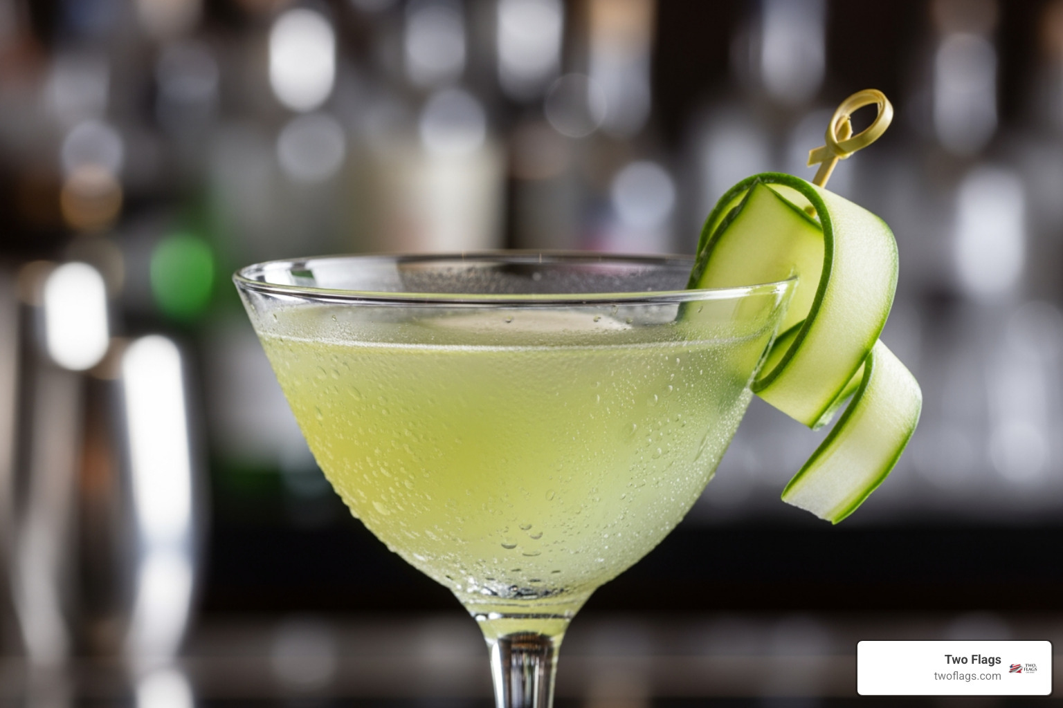 finished cucumber melon martini with a neat cucumber ribbon garnish - cucumber melon martini