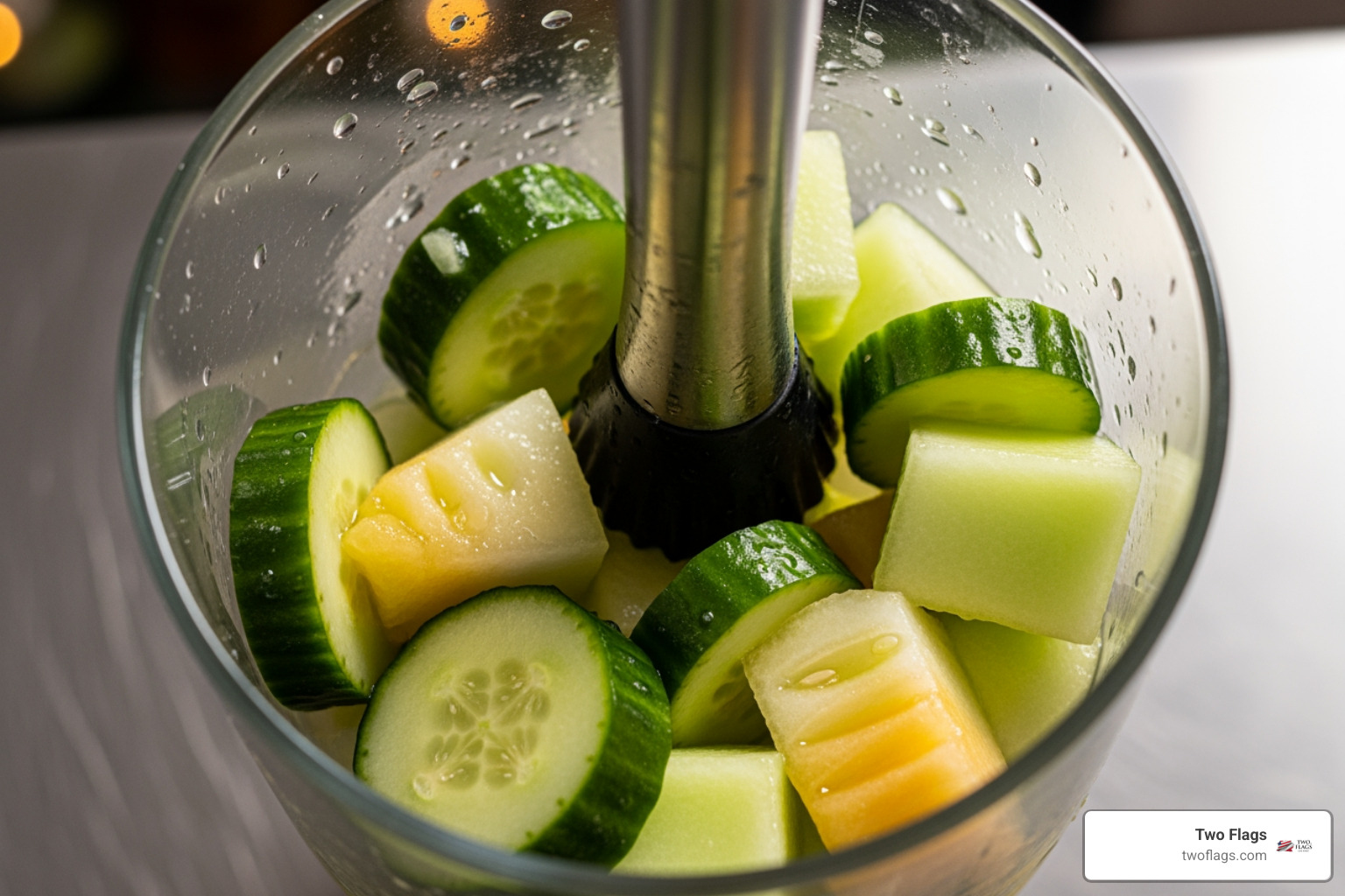 cucumber and melon being muddled in a cocktail shaker - cucumber melon martini