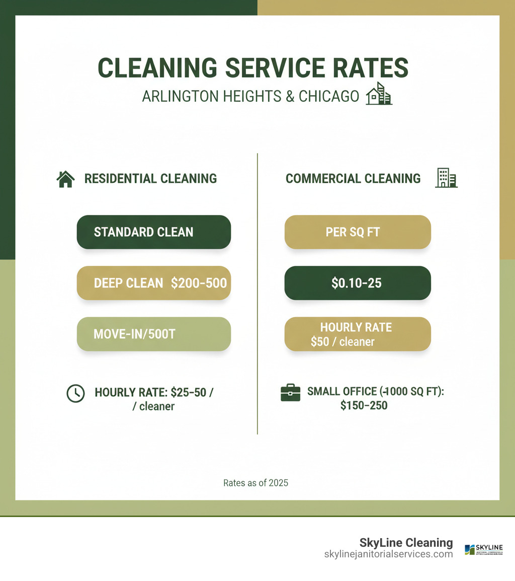 Infographic detailing average cleaning rates for residential and commercial services in Arlington Heights and Chicago, showing ranges for standard, deep, move-in/move-out residential cleans, and per-square-foot/hourly commercial cleaning costs. - competitive cleaning rates infographic 