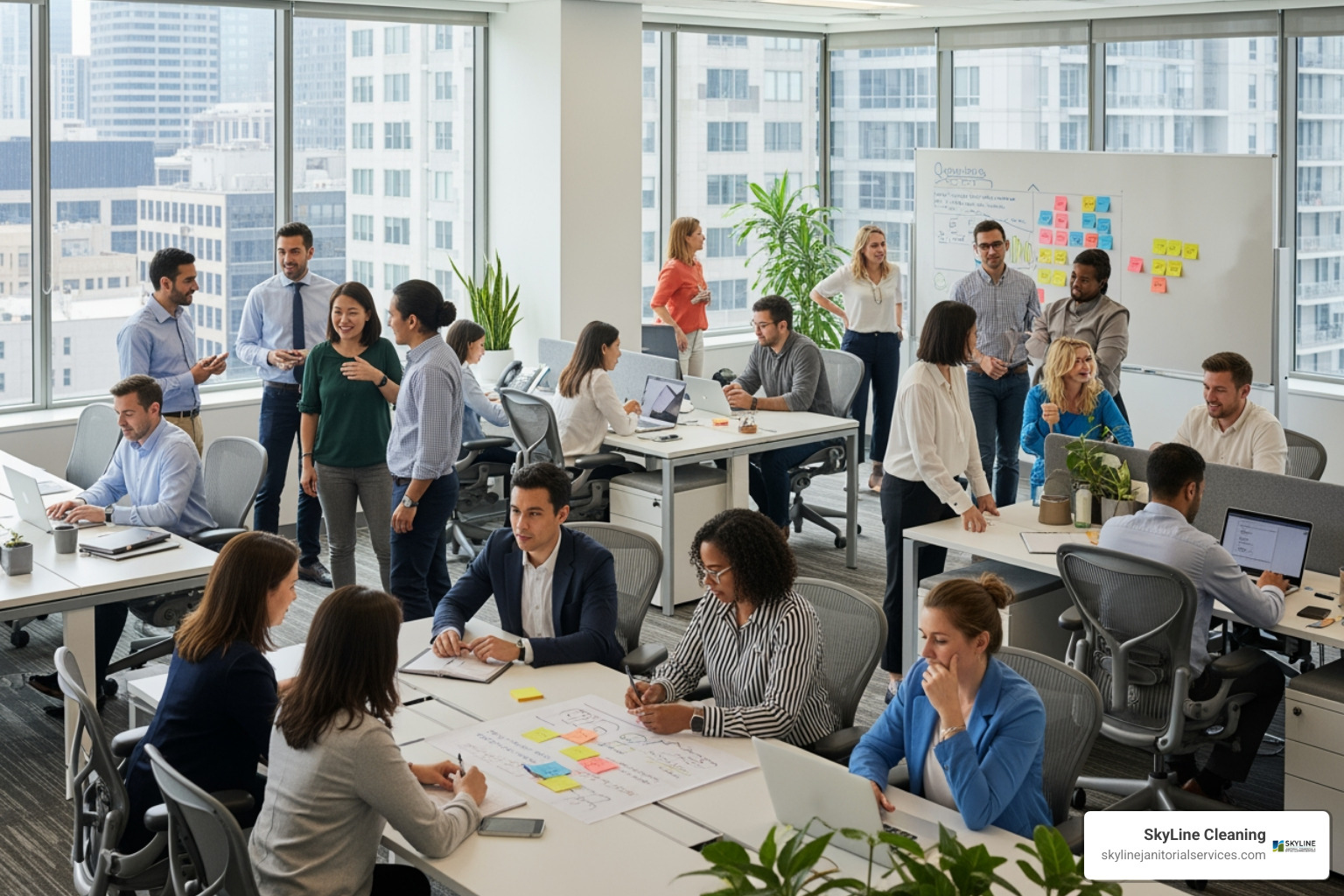 of happy, productive employees collaborating in a bright, clean Chicago office. - what does janitorial services include of happy, productive employees collaborating in a bright, clean Chicago office. - what does janitorial services include