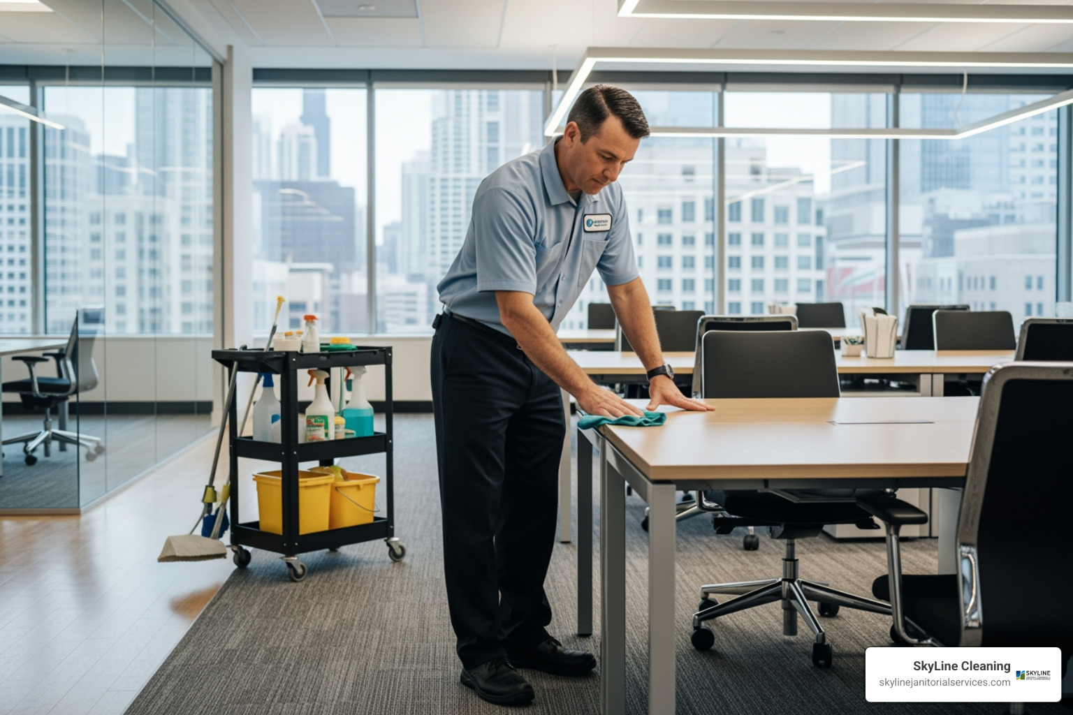 of a janitor professionally cleaning a high-traffic office area in Arlington Heights, IL. - what does janitorial services include of a janitor professionally cleaning a high-traffic office area in Arlington Heights, IL. - what does janitorial services include