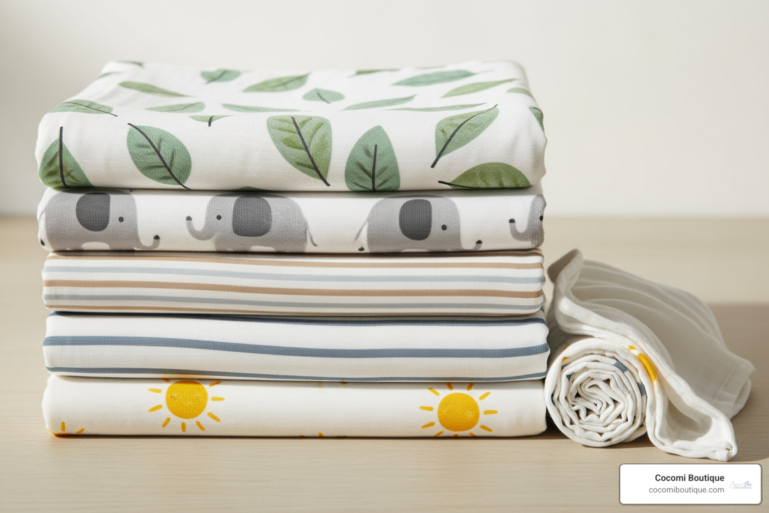 Neatly folded organic bamboo swaddles in various patterns - organic bamboo swaddle