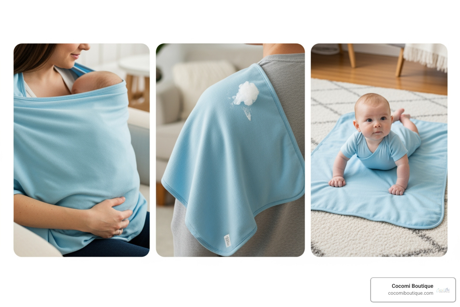 collage of a swaddle used as a nursing cover, burp cloth, and tummy time mat - organic bamboo swaddle