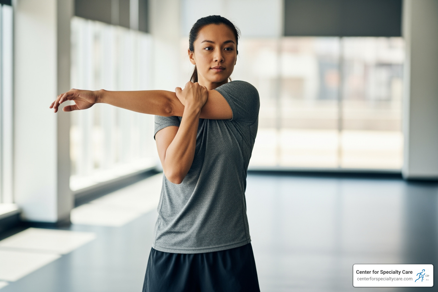 Person performing a cross-body shoulder stretch - stretch for knot in shoulder blade Person performing a cross-body shoulder stretch - stretch for knot in shoulder blade