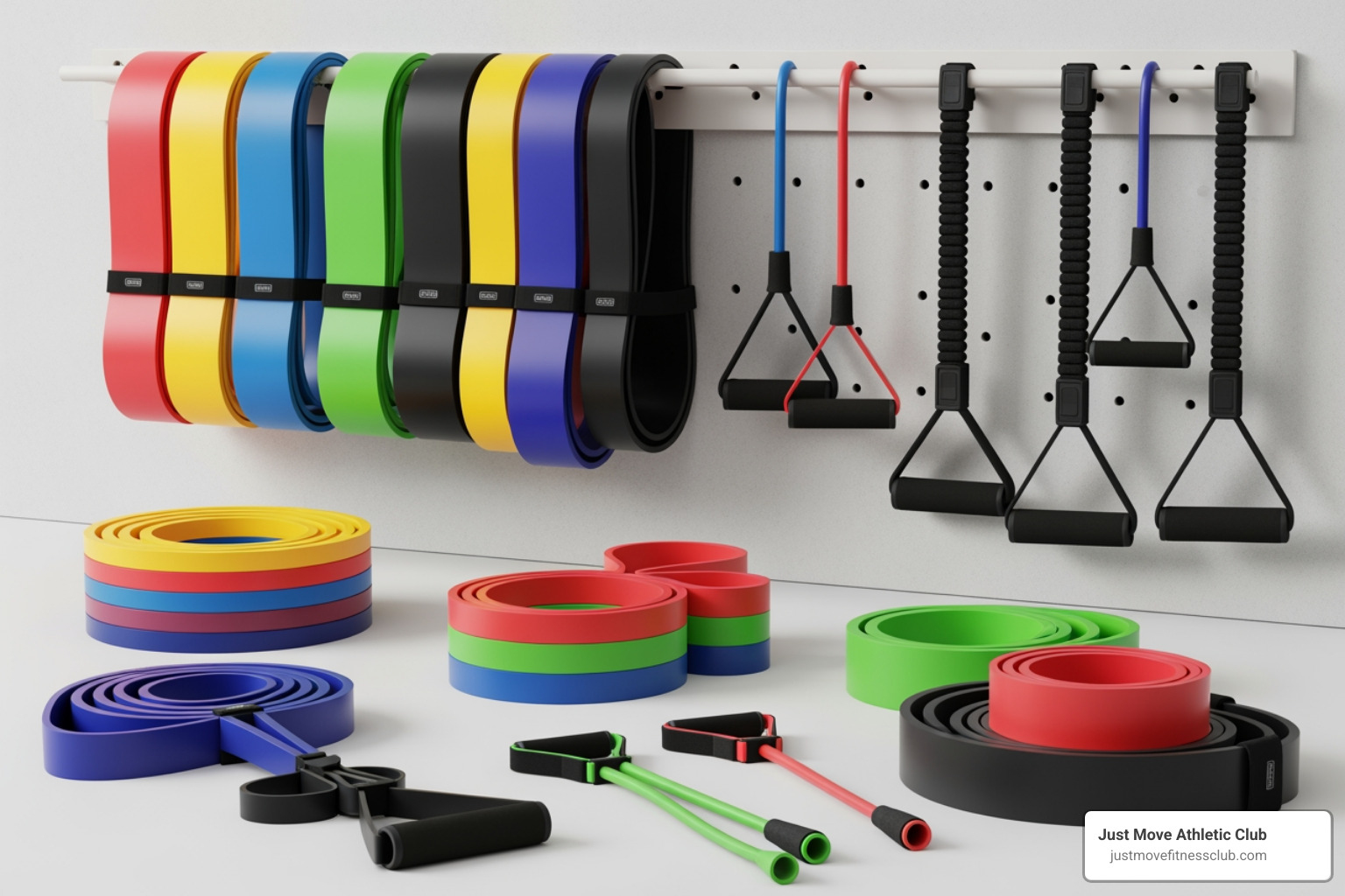 various resistance bands neatly organized - full body elastic band workout